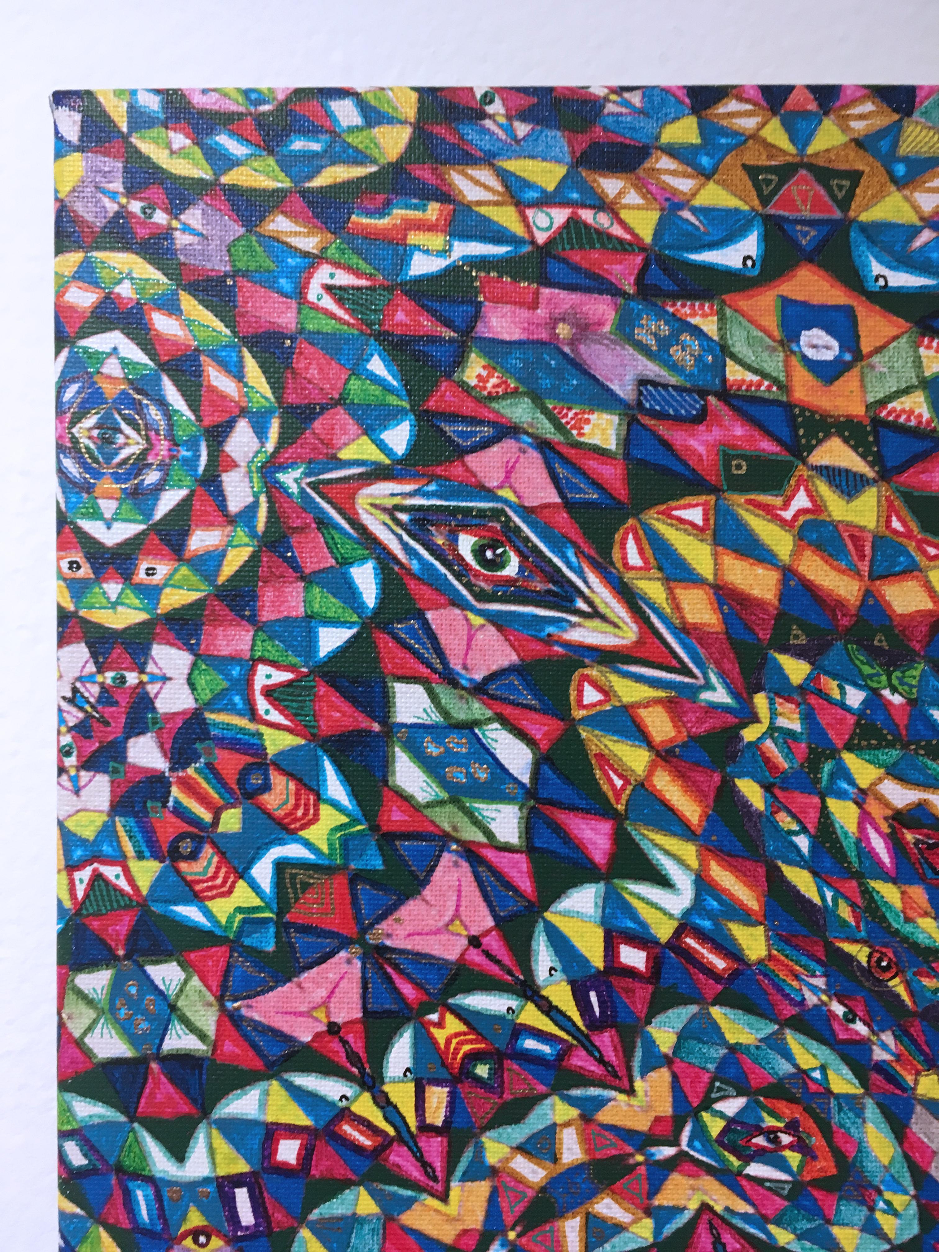 Totem, 2020, acrilico, olio, pennarello, foglia d'oro liquido, op-art, disegno, rosso, blu in vendita 5