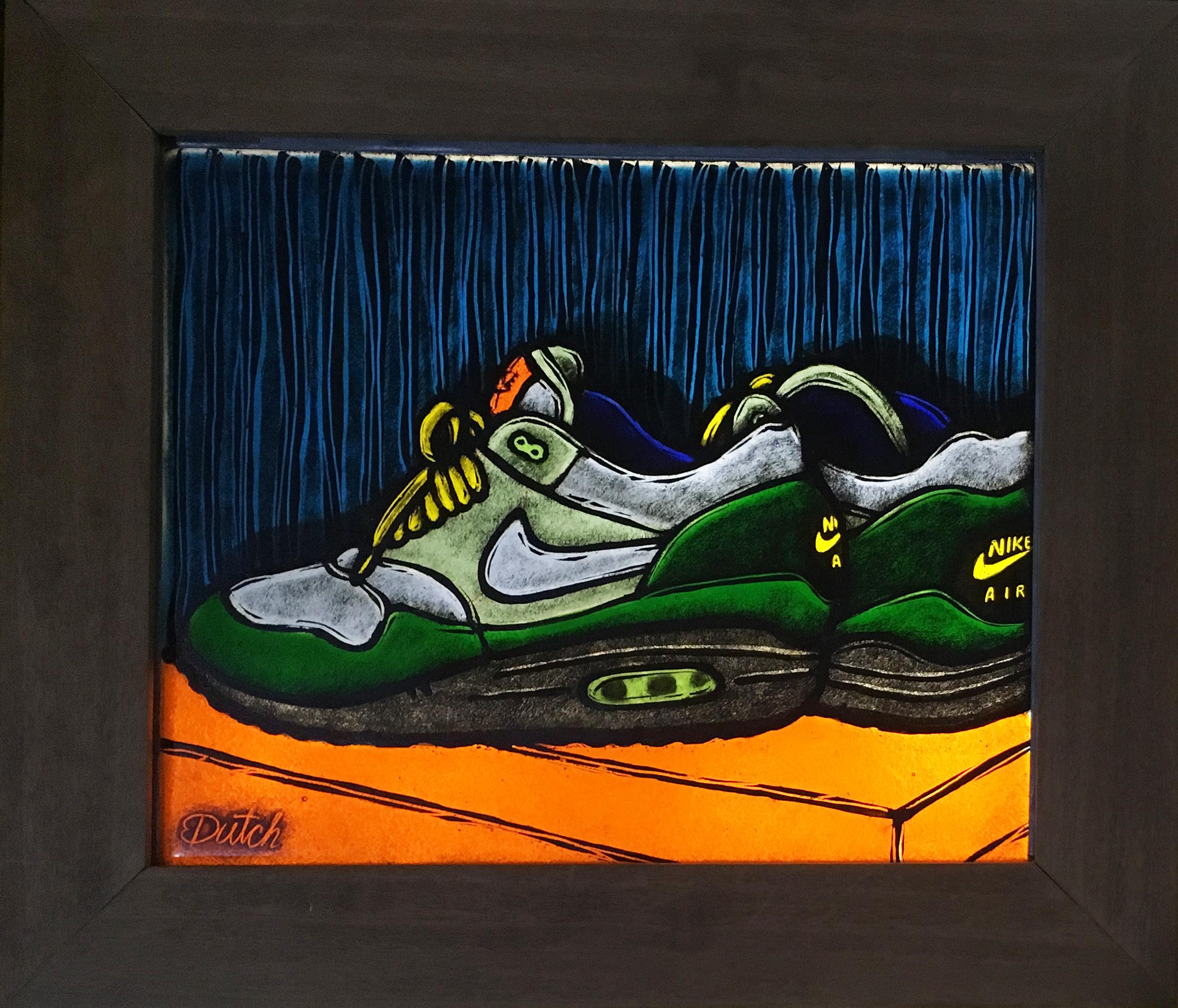 Air Max, 2016, fused glass, Nike, green, orange, sneaker, blue, frame, window - Painting by TF Dutchman