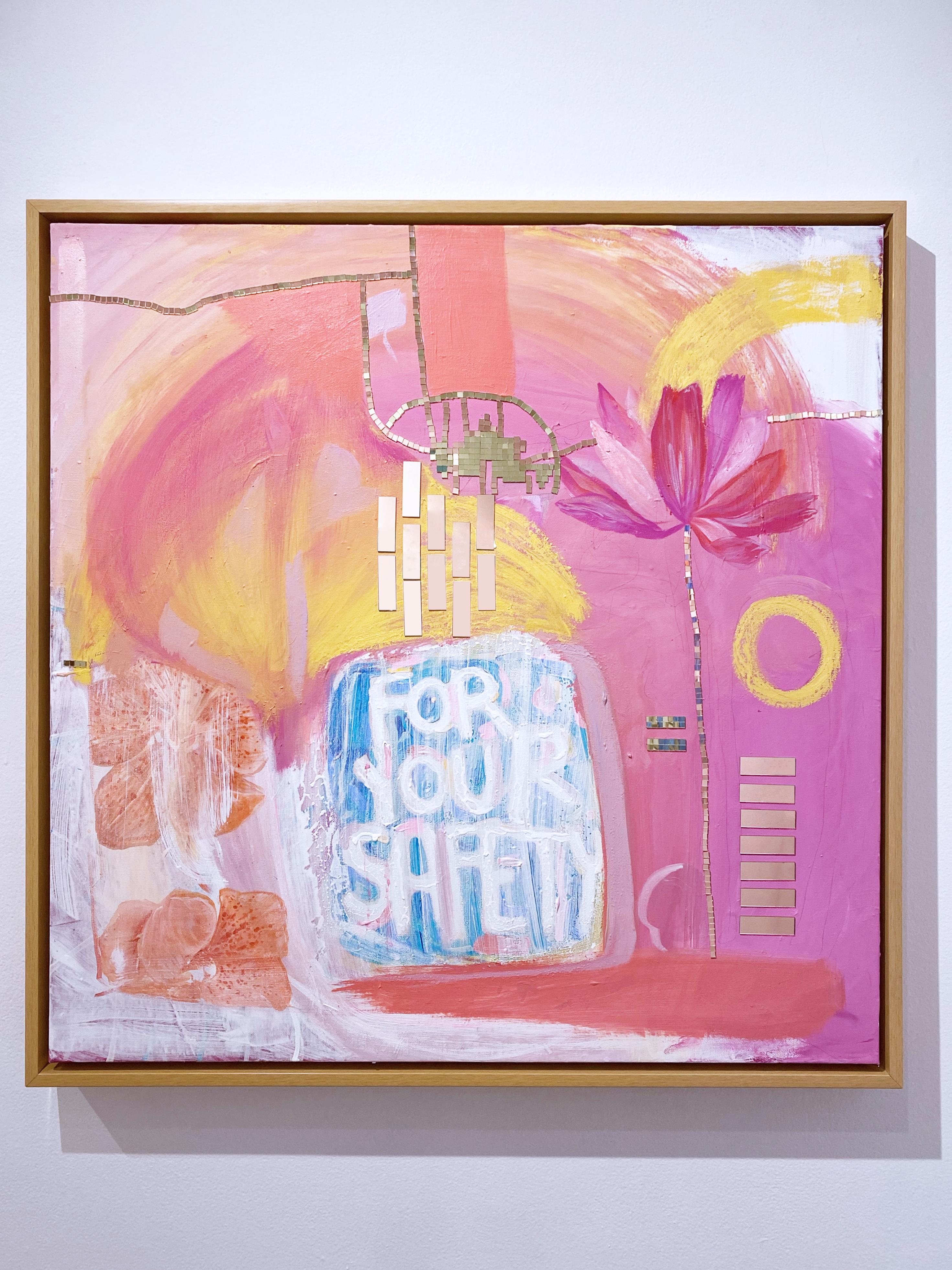 Eat Fruit, 2020, rosa, orange, Acryl, limonenfarben auf Leinen, Text, floral, Spiegel (Beige), Abstract Painting, von Rebecca Johnson