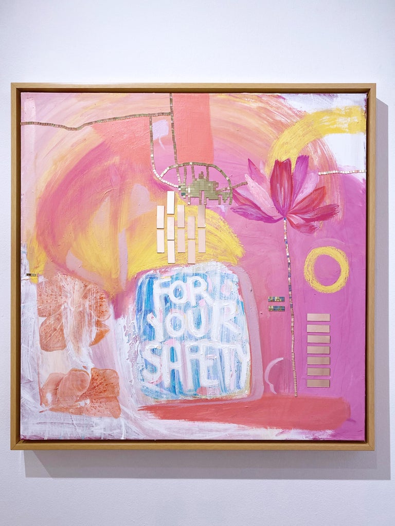 Eat Fruit, 2020, pink, orange, acrylic, lime wash on linen, text, floral, mirror - Beige Nude Painting by Rebecca Johnson