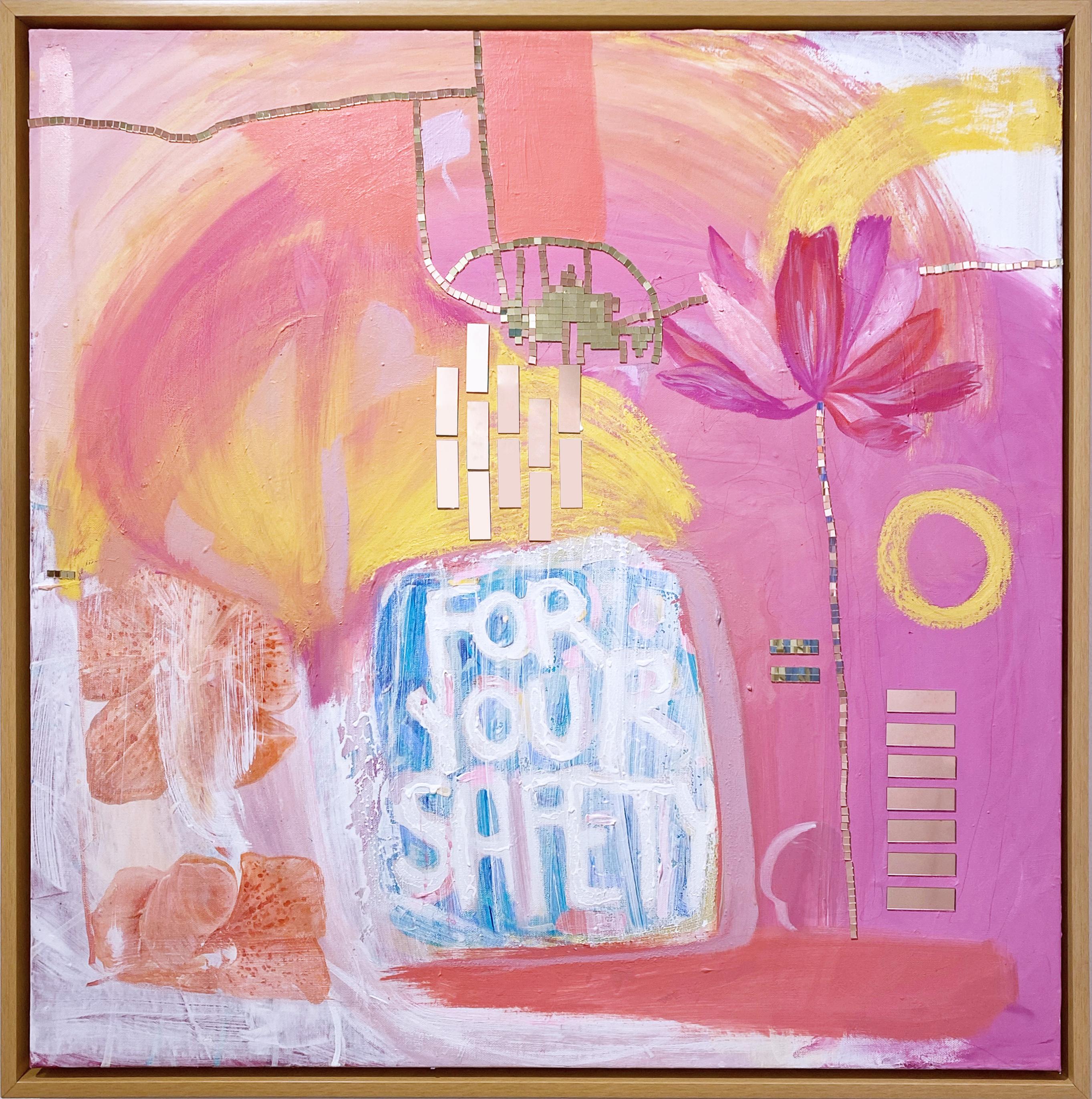 Eat Fruit, 2020, pink, orange, acrylic, lime wash on linen, text, floral, mirror