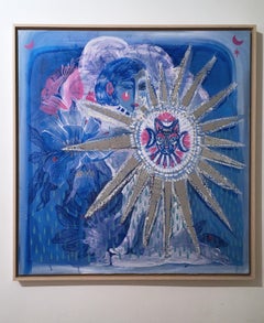 Mazunte:: 2020:: chat:: bleu:: rose:: acrylique:: lavage à chaux:: miroir:: lin:: figuratif