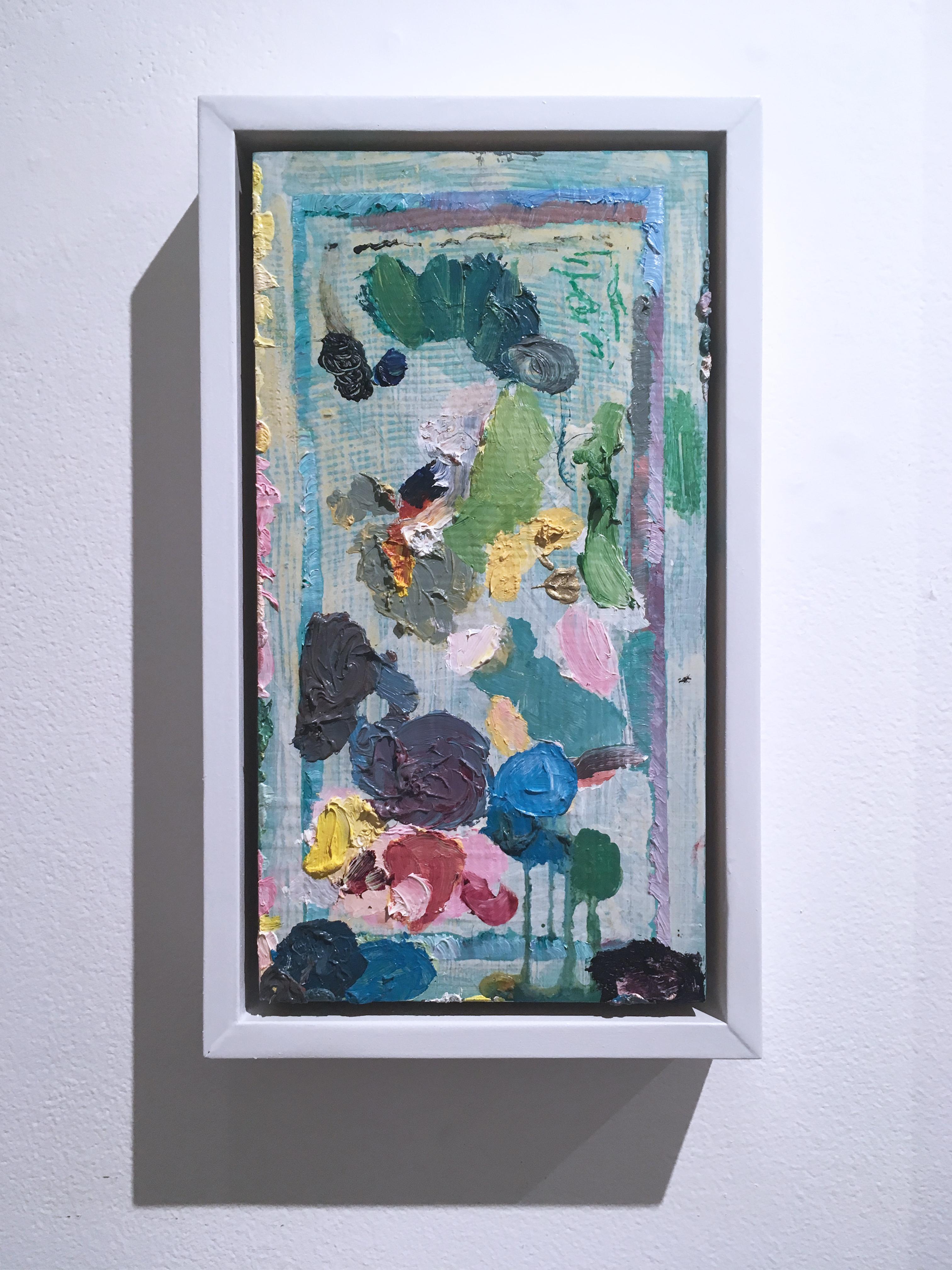 Just A Mess, 2018, acrylique, huile, pastel, panneau, vert, rose, abstrait, cadre - Painting de Macauley Norman