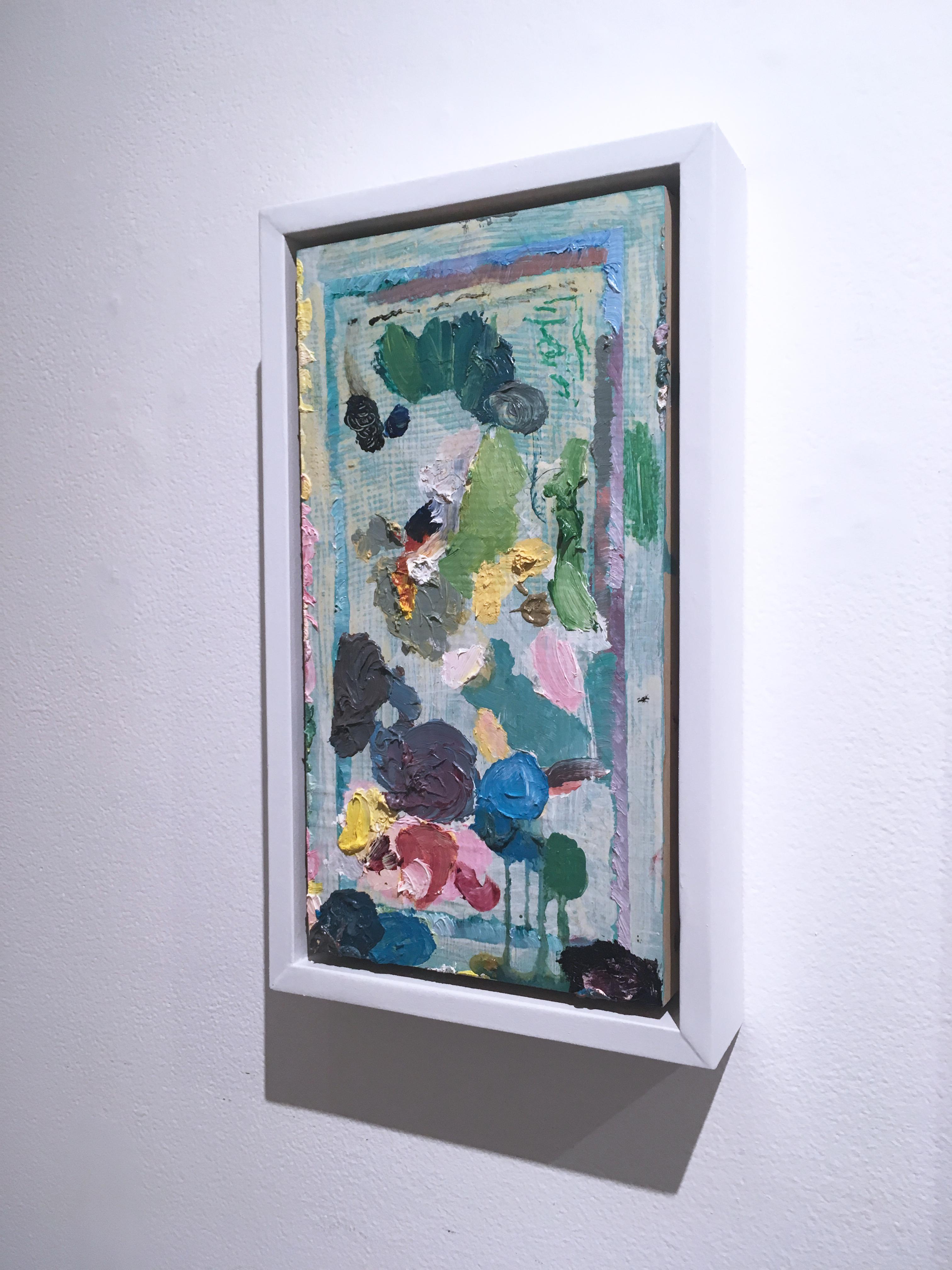 Just A Mess, 2018, acrylique, huile, pastel, panneau, vert, rose, abstrait, cadre - Contemporain Painting par Macauley Norman