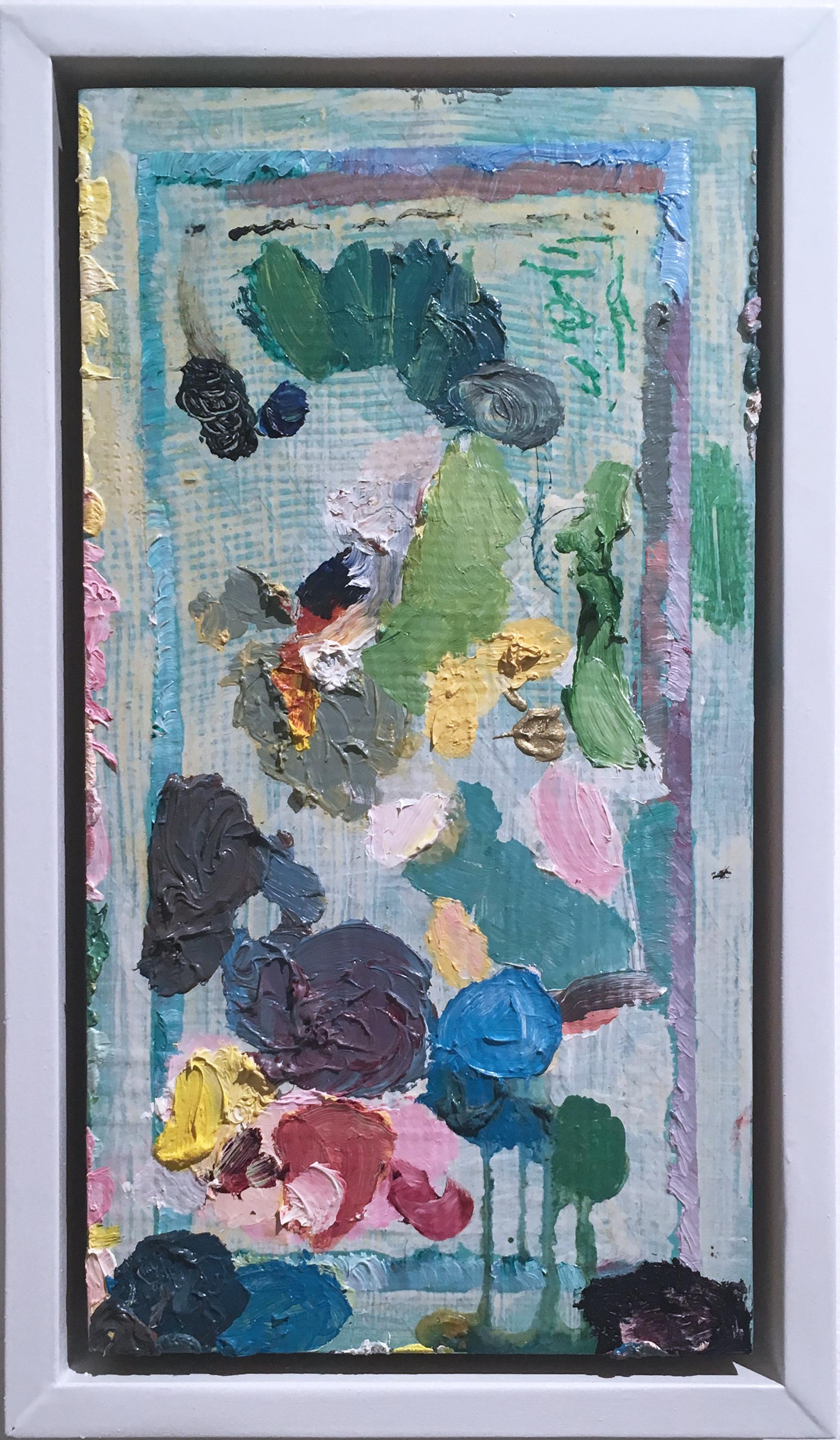 Just A Mess, 2018, acrylic, oil, pastel, panel, green, pink, abstract, frame