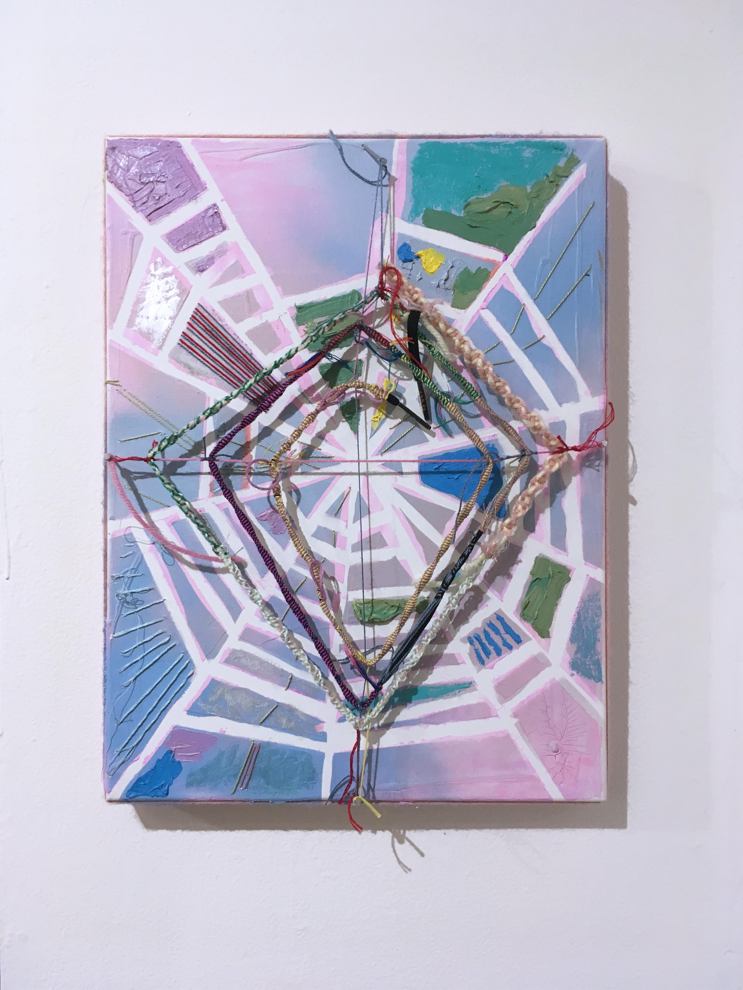 Little Pink Web, 2020, acrylic, oil, pastel, panel, blue, pink, abstract, yarn - Contemporary Mixed Media Art by Macauley Norman