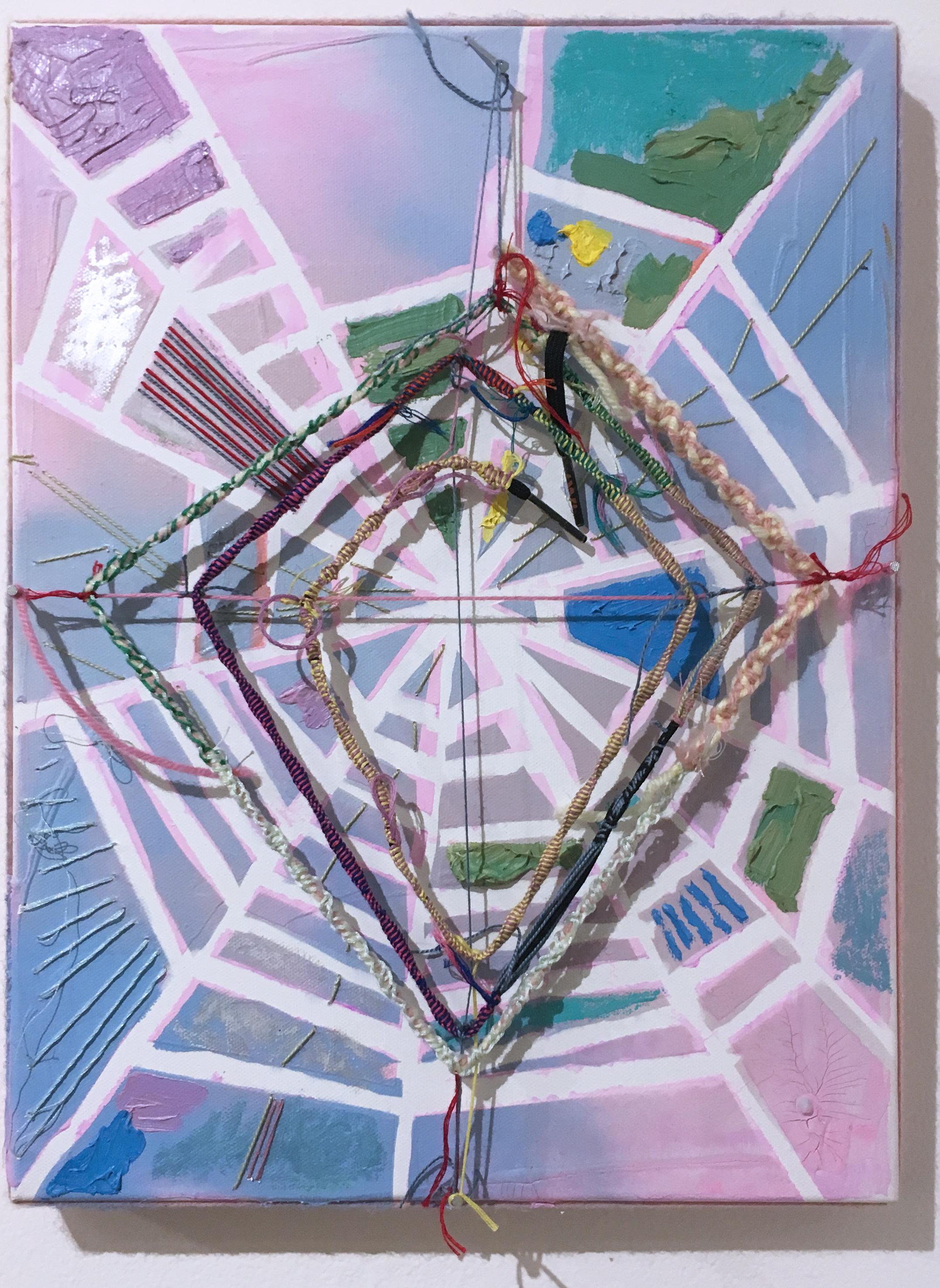 Little Pink Web, 2020, acrylic, oil, pastel, panel, blue, pink, abstract, yarn