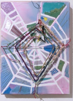 Little Pink Web, 2020, Acryl, Öl, Pastell, Tafel, Blau, Rosa, abstrakt, Garn