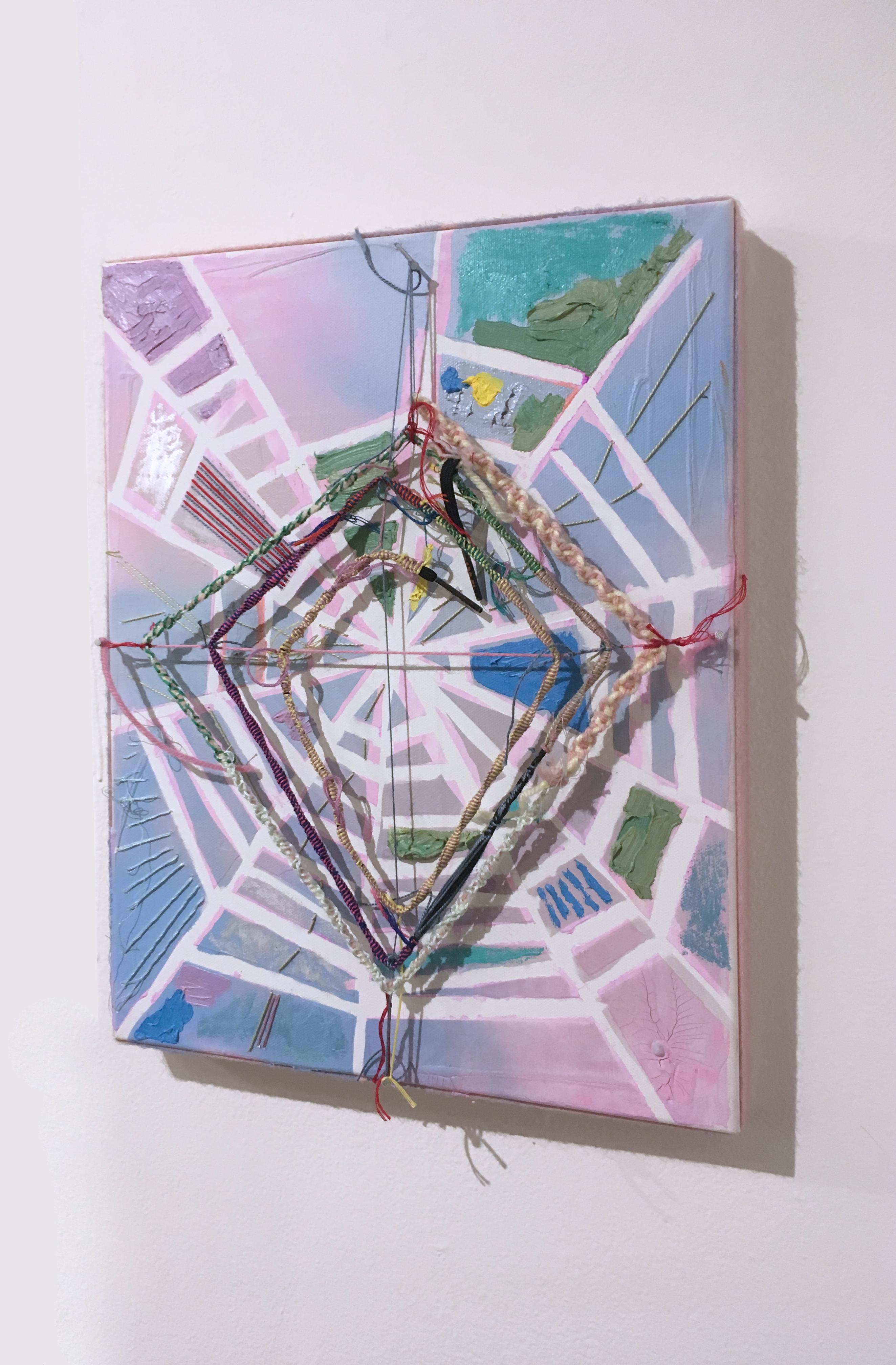 Little Pink Web, 2020, acrylic, oil, pastel, panel, blue, pink, abstract, yarn 1