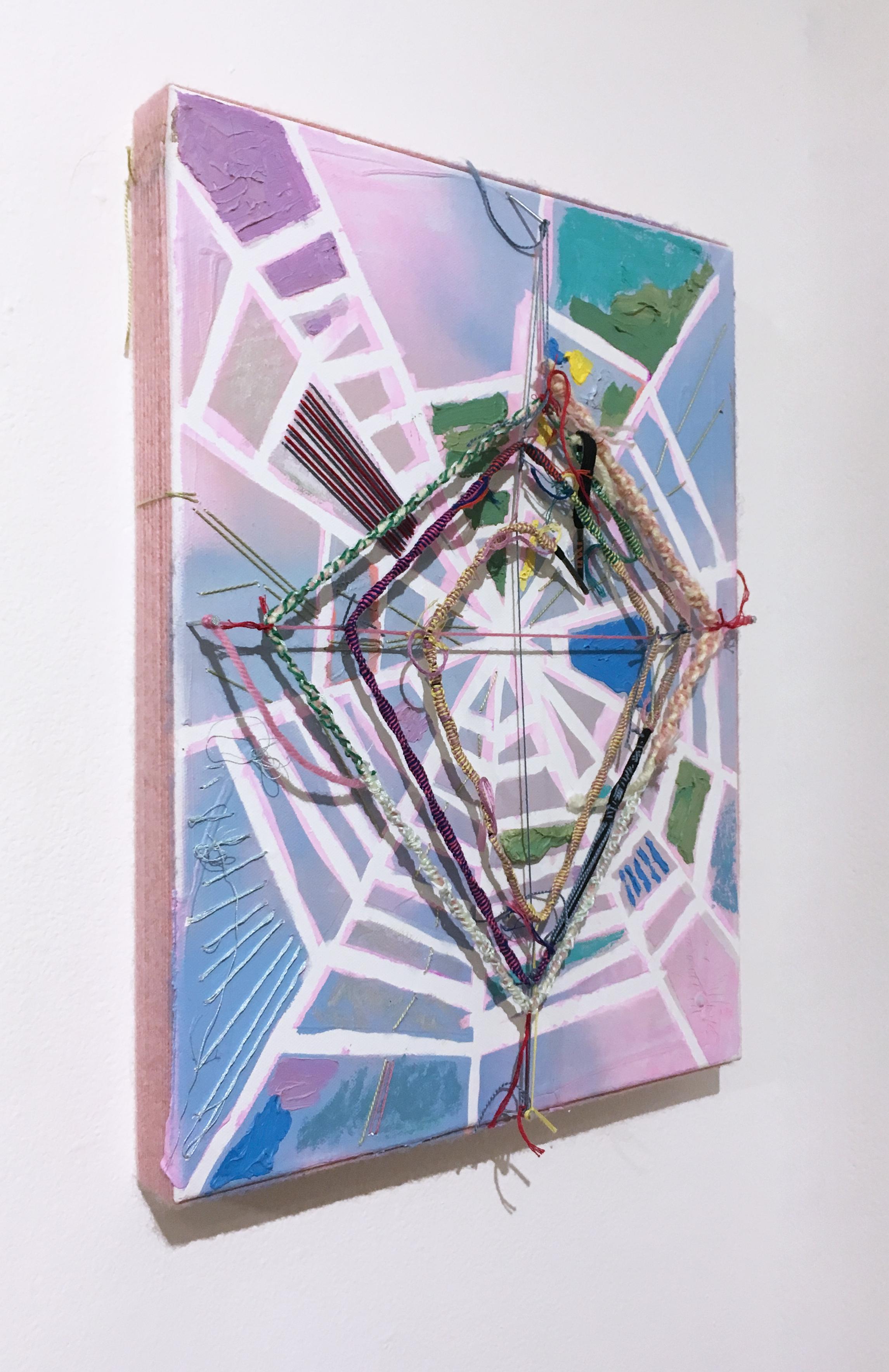 Little Pink Web, 2020, acrylic, oil, pastel, thread, yard, spray paint, and nails on canvas, panel, blue, pink, abstract.