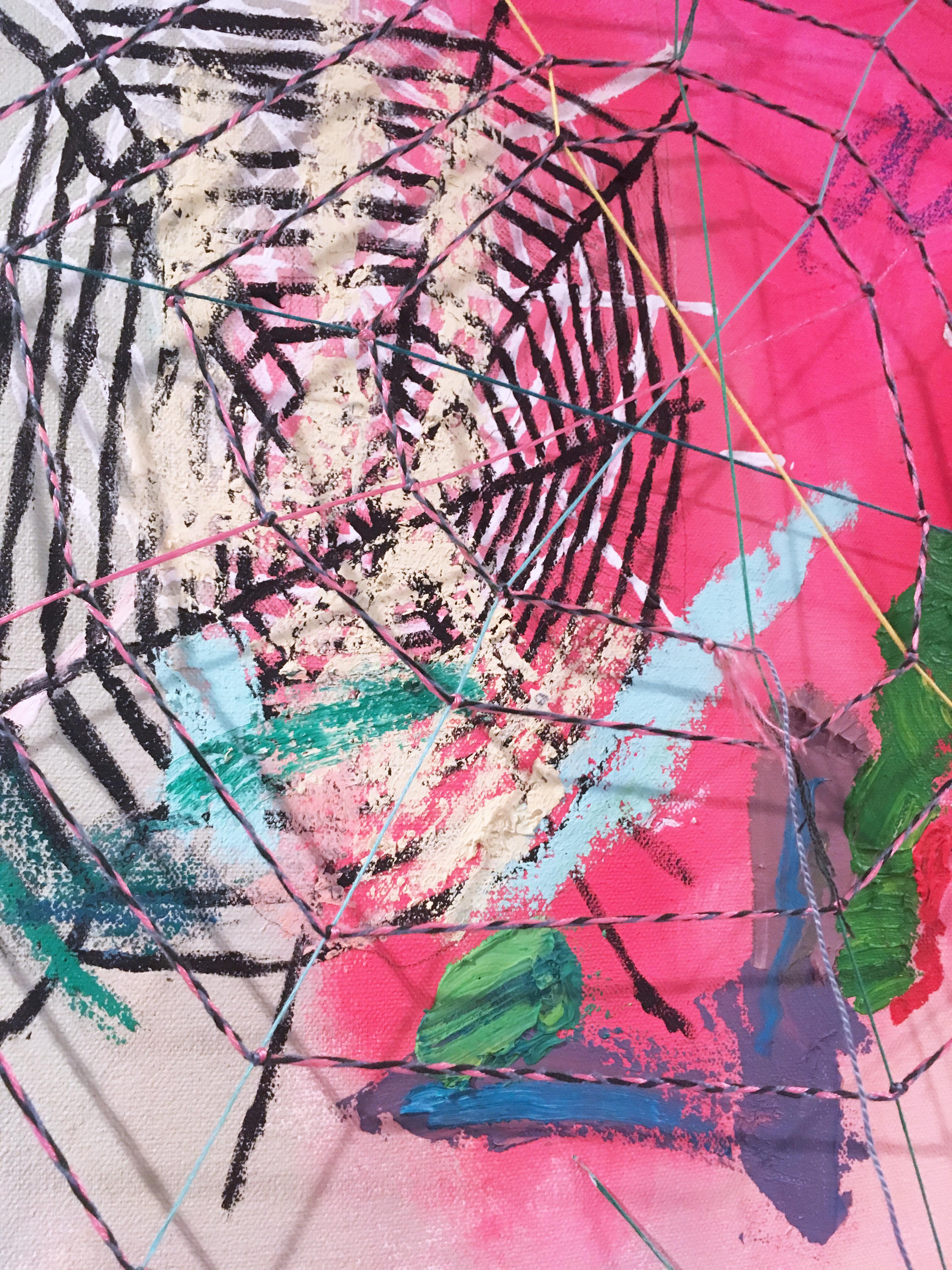 Through Webs, 2020, acrylic, oil, canvas, nails, thread, yellow, pink, abstract 2
