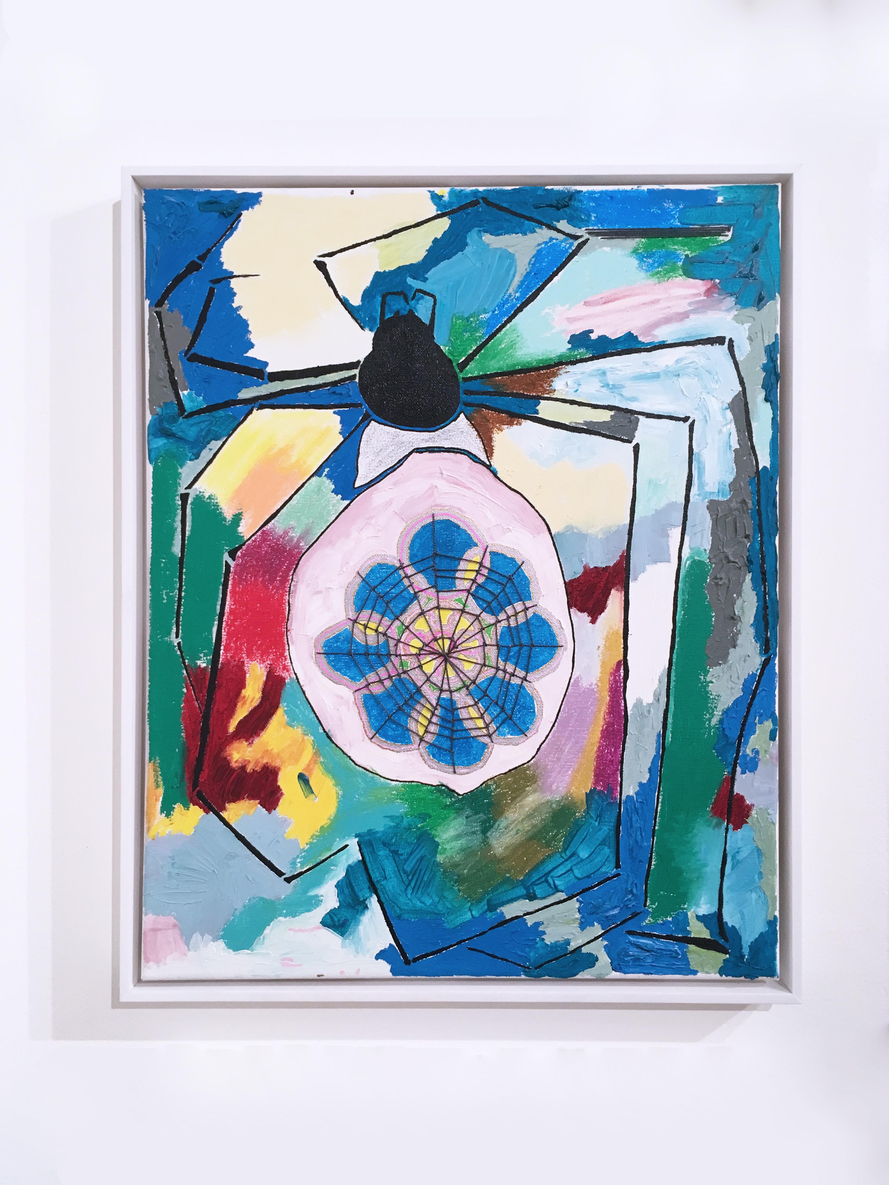 Big Spider, 2020, acrylic, oil, pastel, canvas, thread, yellow, pink, abstract - Painting by Macauley Norman