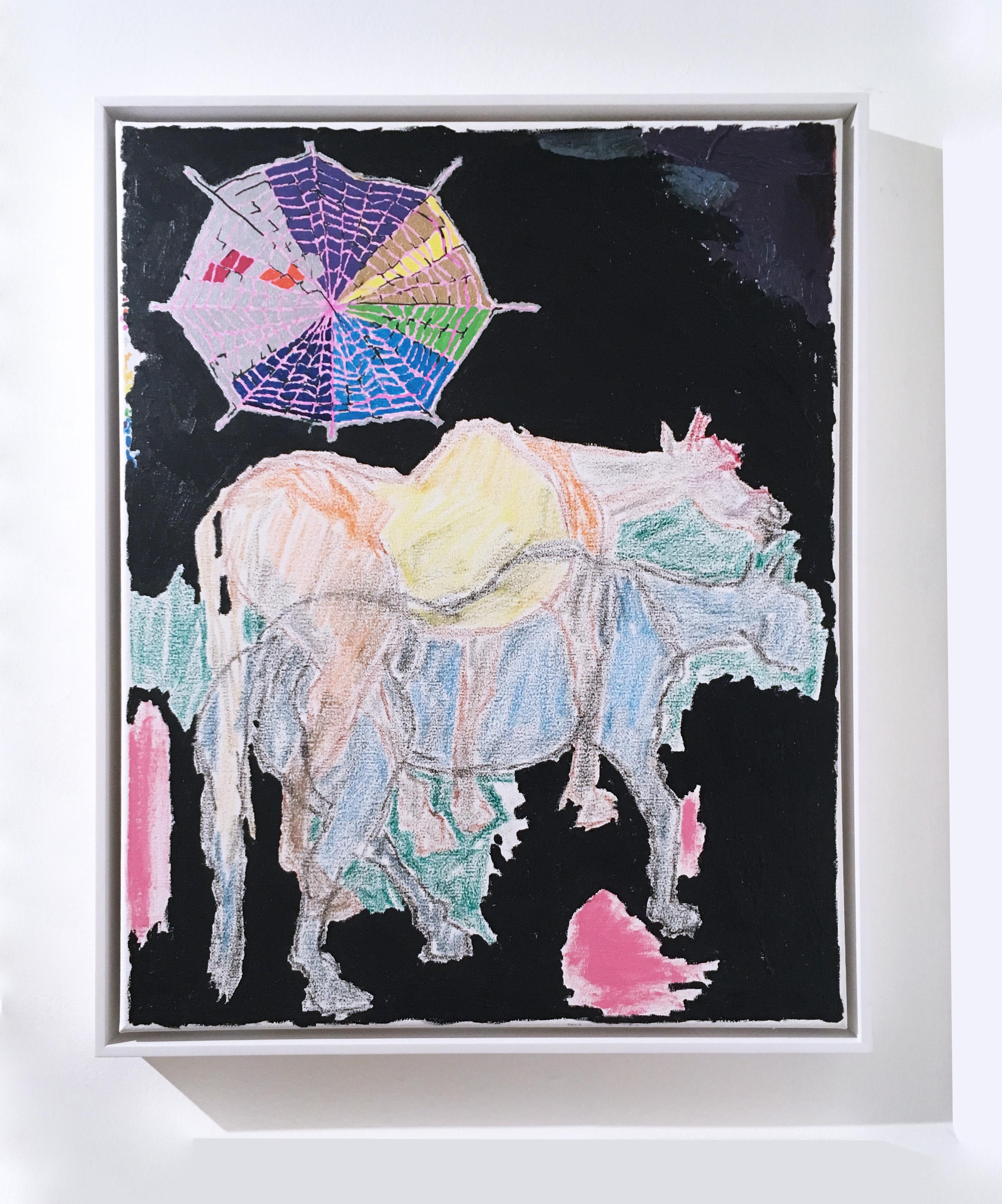 Imaginary Horse, 2020, acrylic, oil, pastel, canvas, black, blue, pink, abstract - Painting by Macauley Norman