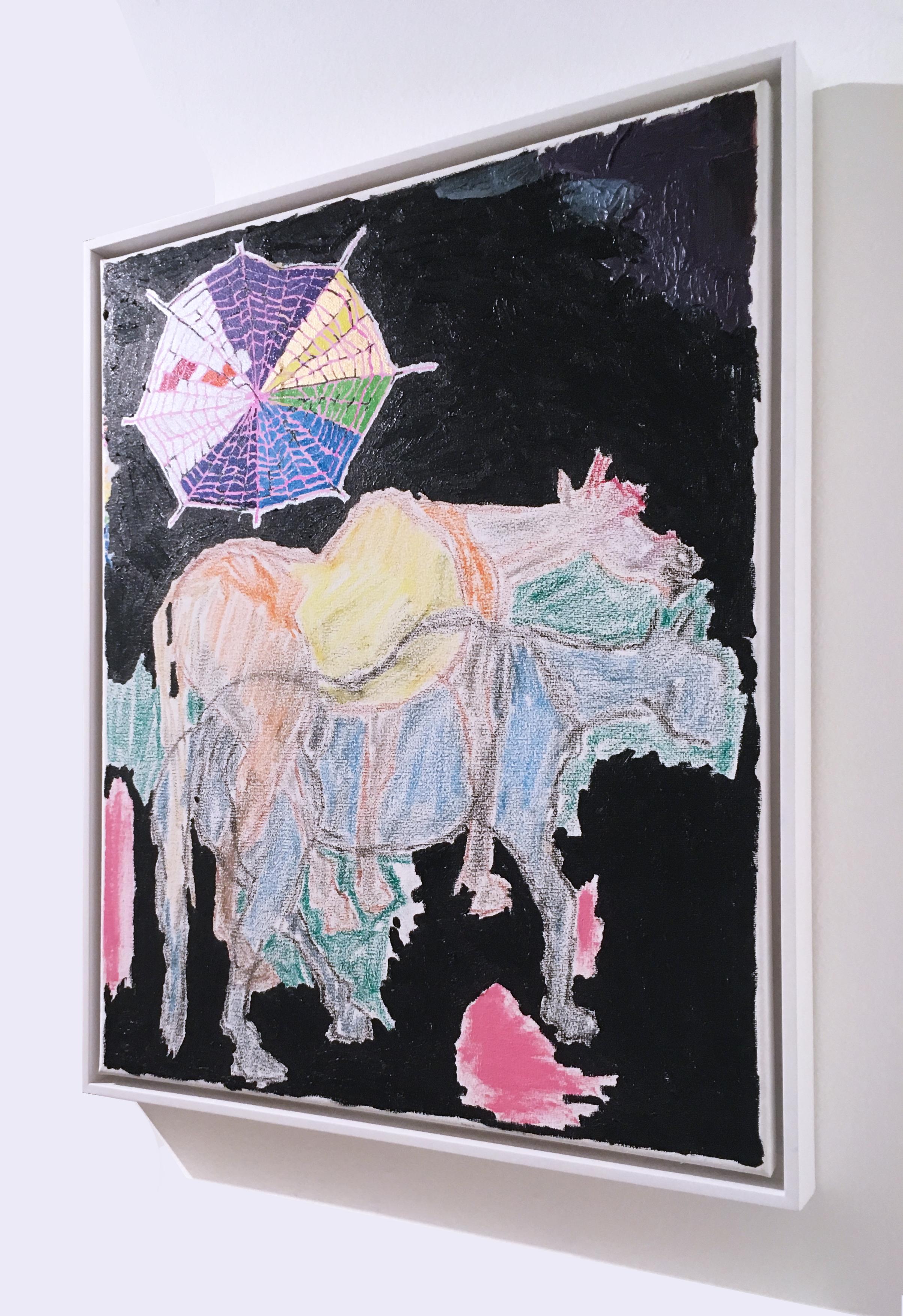 Cheval imaginaire, 2020, acrylique, huile, pastel, toile, noir, bleu, rose, abstrait - Gris Animal Painting par Macauley Norman