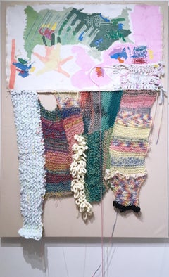 Falling Angel, 2020, acrylic, oil, canvas, yarn, thread, green, pink, abstract