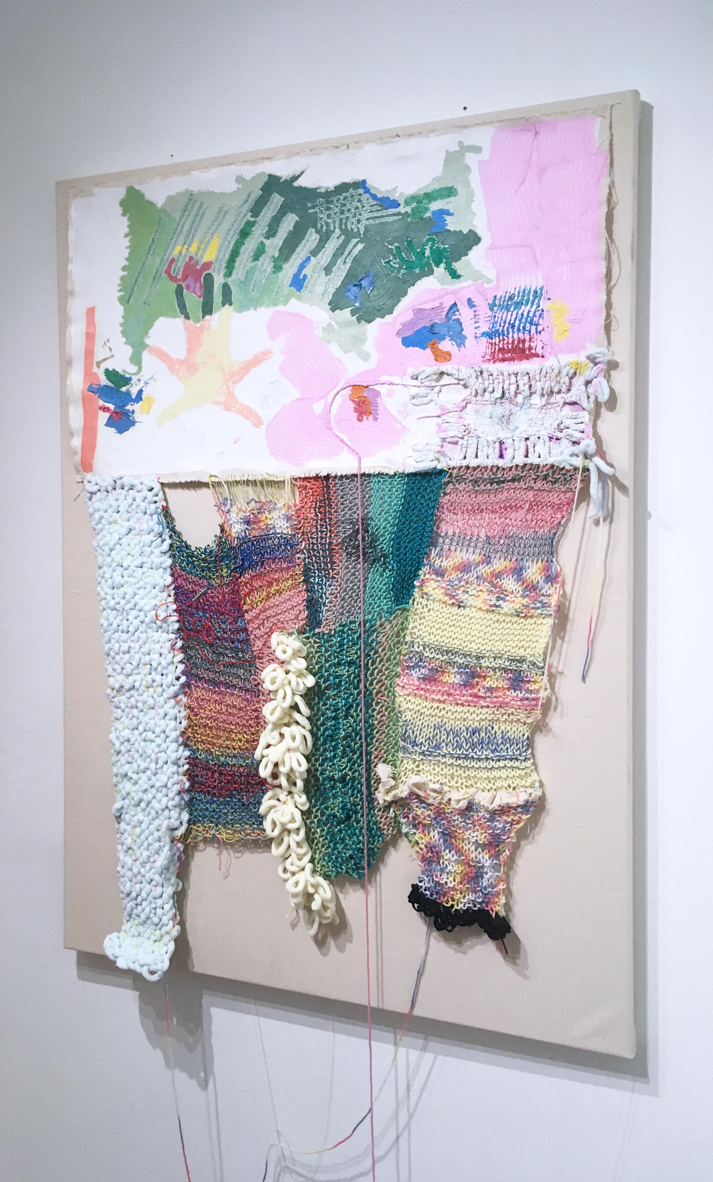 Falling Angel, 2020, acrylique, huile, toile, fil, vert, rose, abstrait - Contemporain Mixed Media Art par Macauley Norman