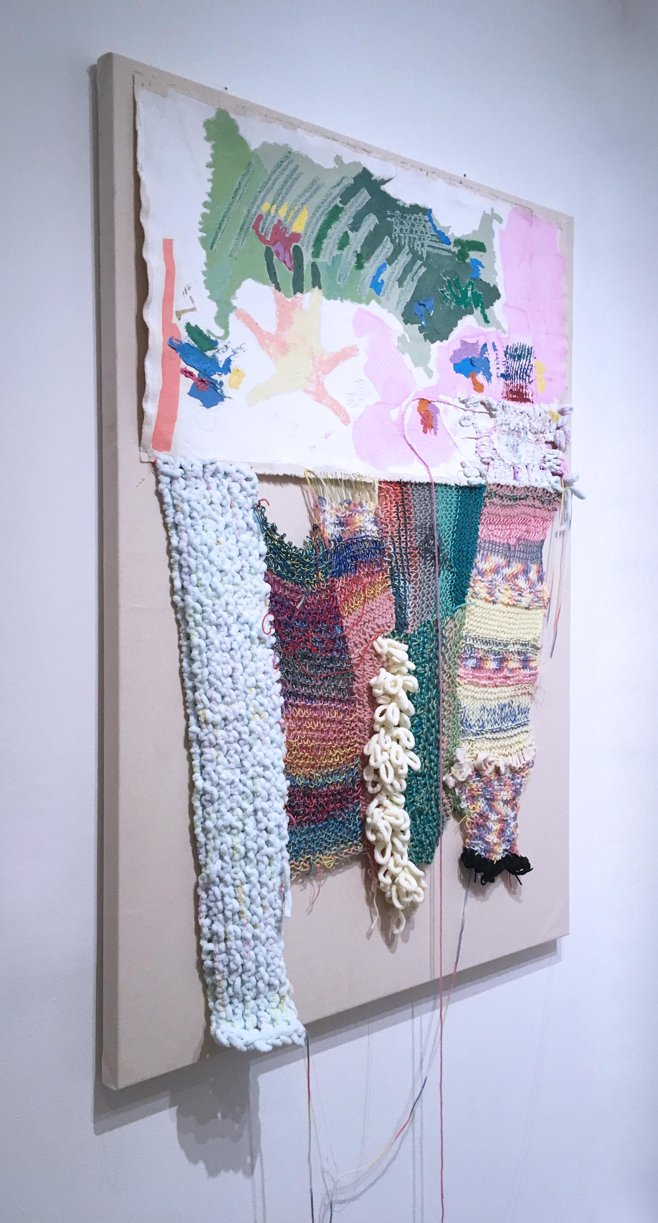 Falling Angel, 2020, acrylique, huile, toile, fil, vert, rose, abstrait 1