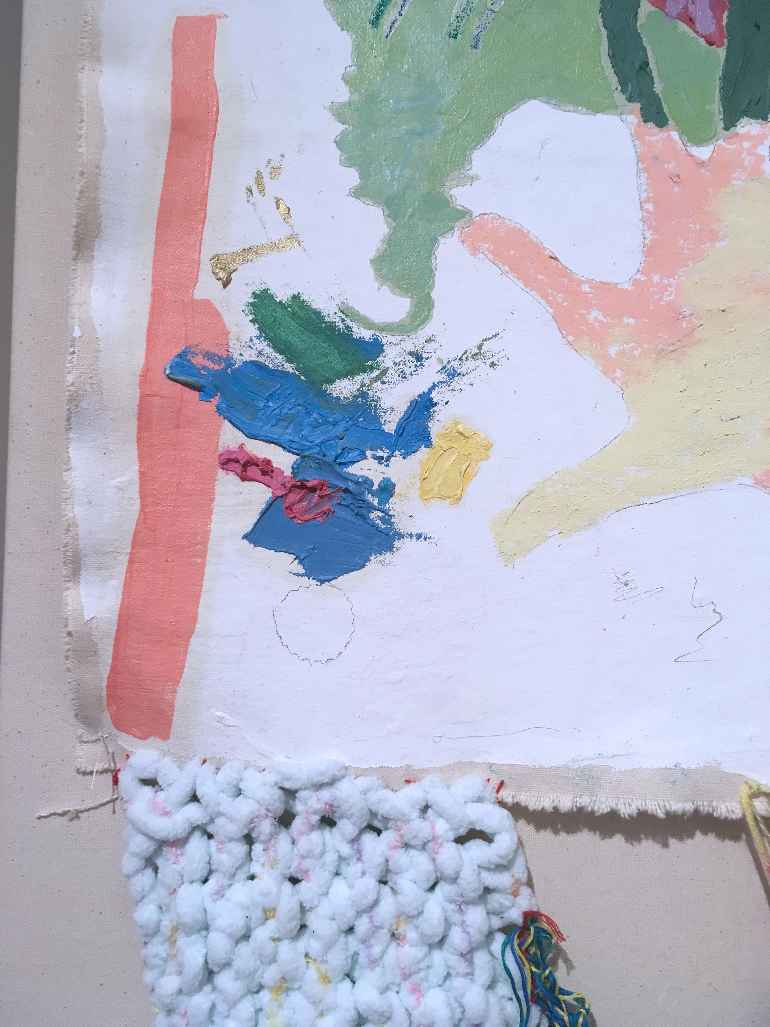 Falling Angel, 2020, acrylique, huile, toile, fil, vert, rose, abstrait 4