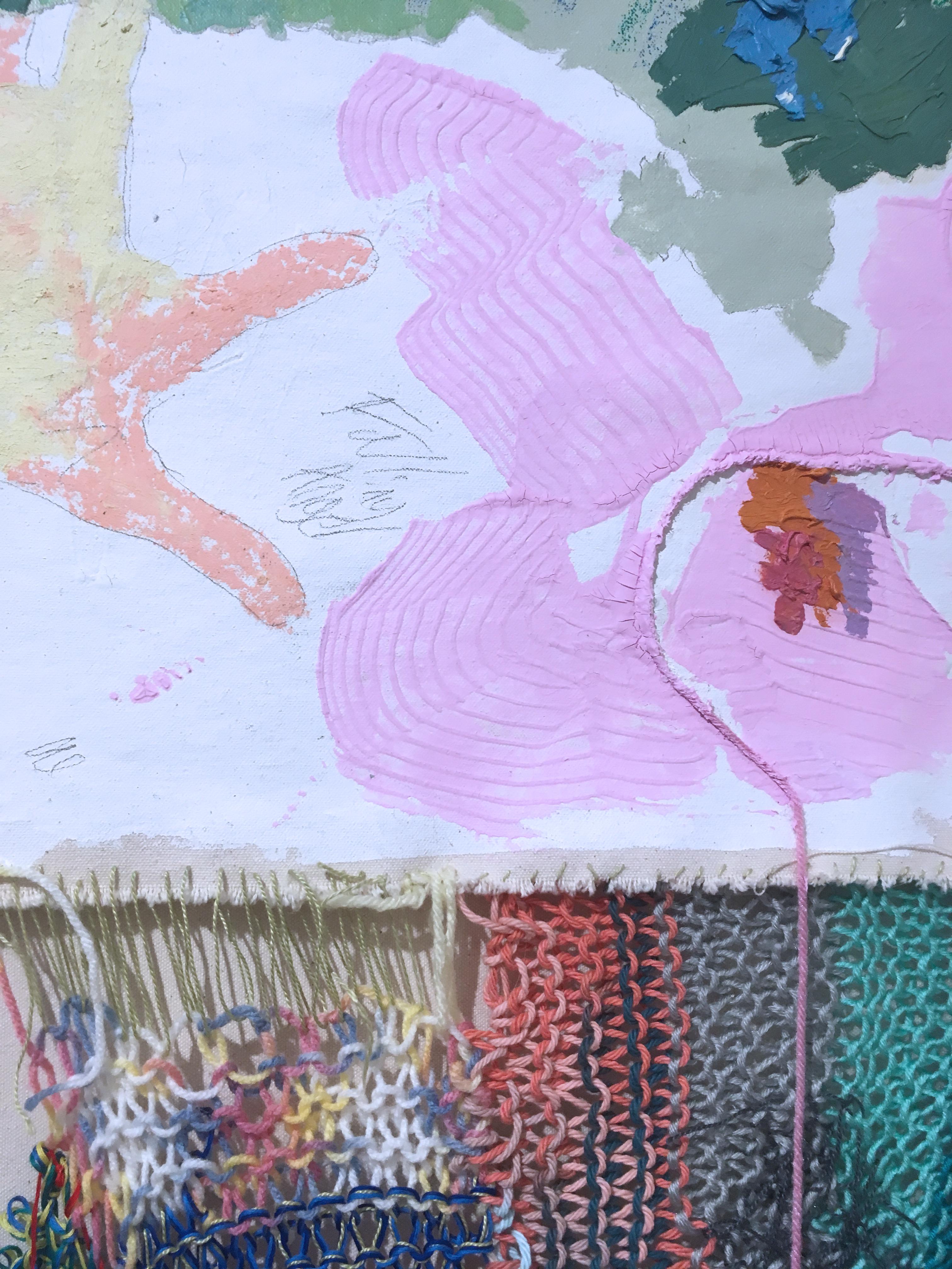 Falling Angel, 2020, acrylic, oil, canvas, yarn, thread, green, pink, abstract 2