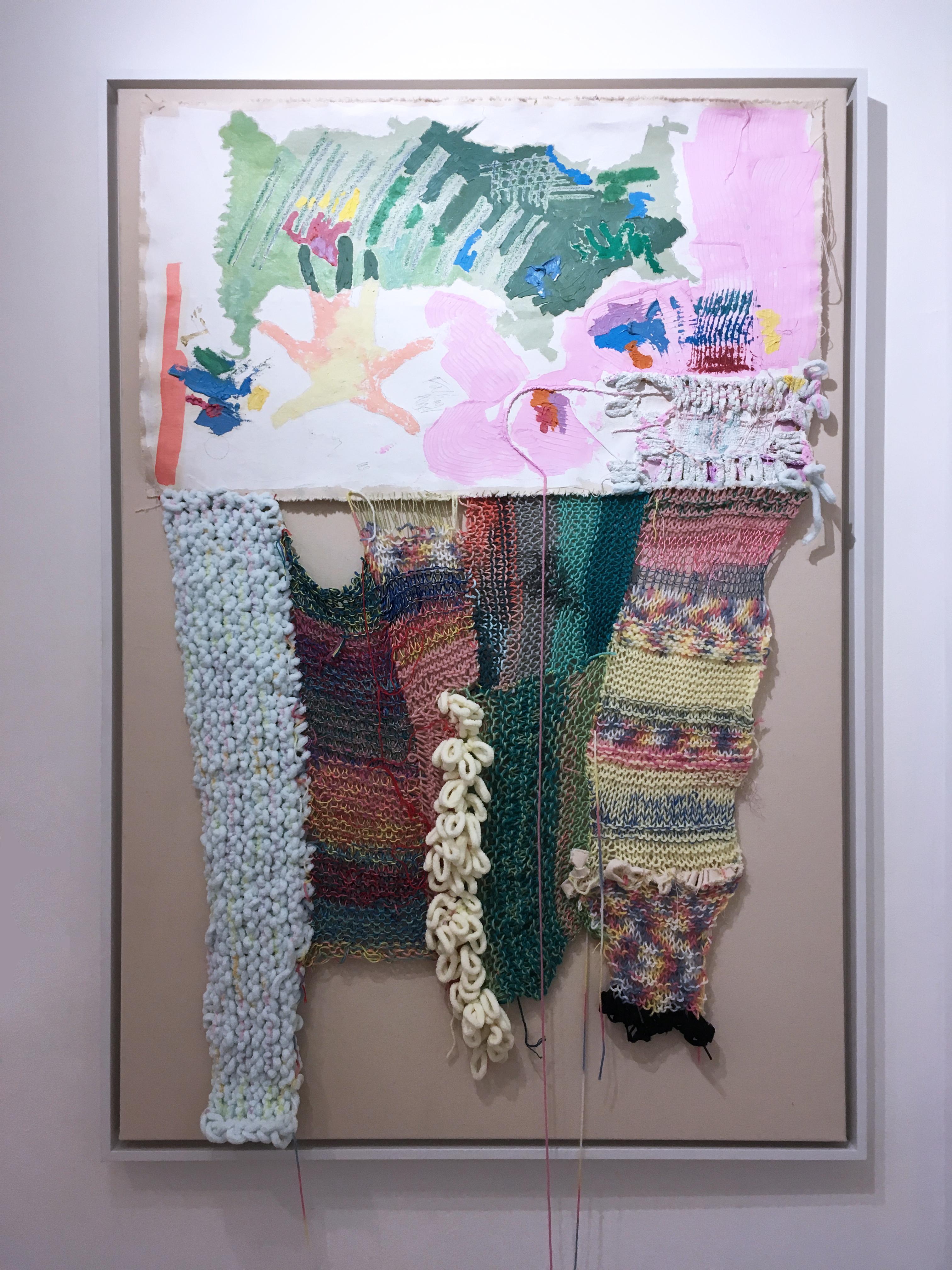 Falling Angel, 2020, acrylic, oil, canvas, yarn, thread, green, pink, abstract 3