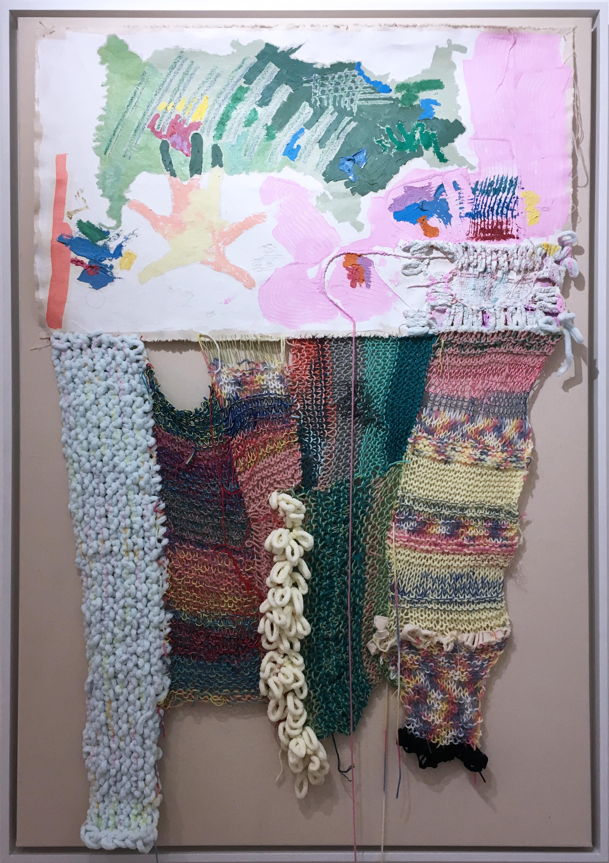 Falling Angel, 2020, acrylic, oil, canvas, yarn, thread, green, pink, abstract 4