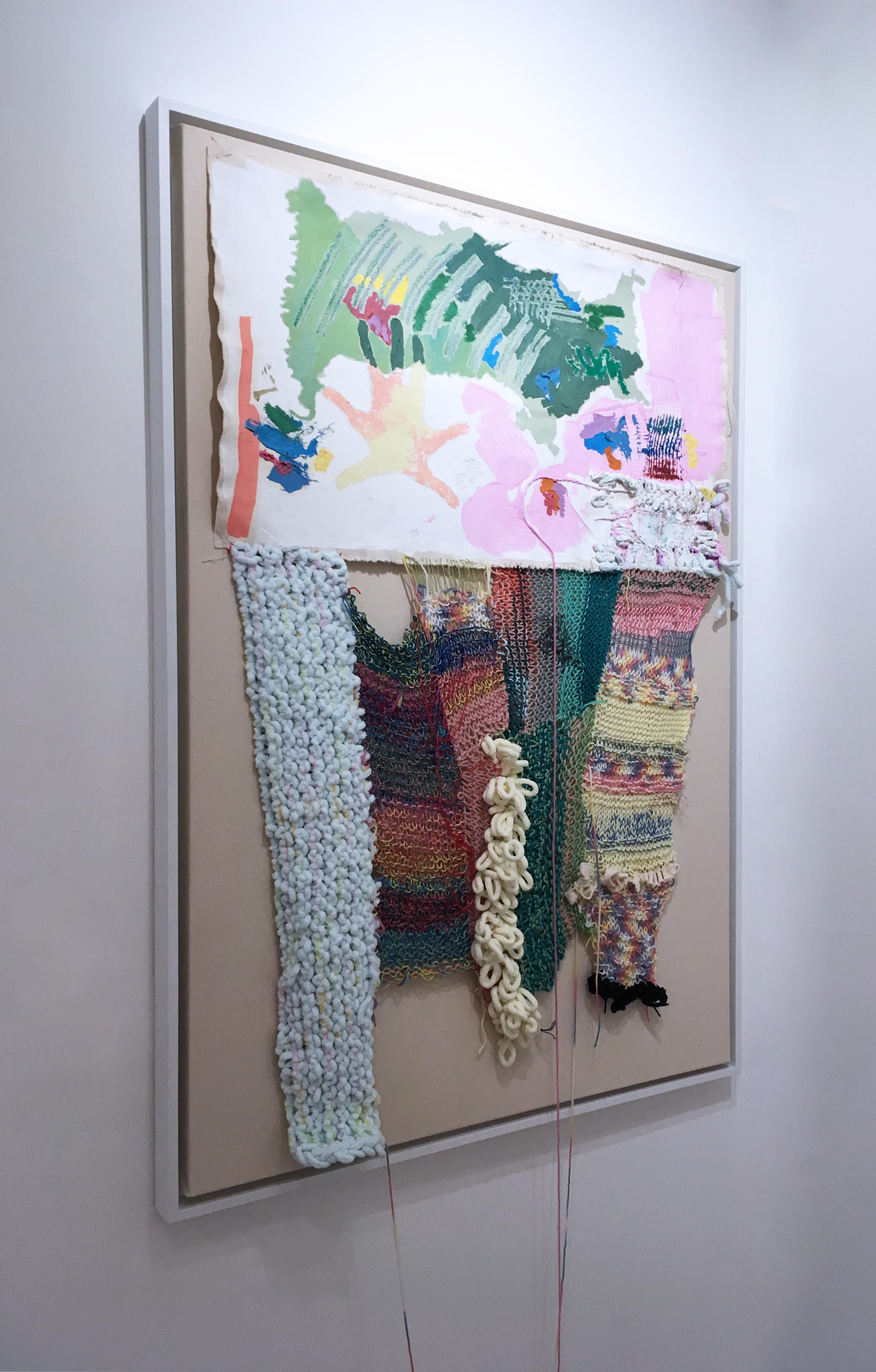 Falling Angel, 2020, acrylic, oil, canvas, yarn, thread, green, pink, abstract 5