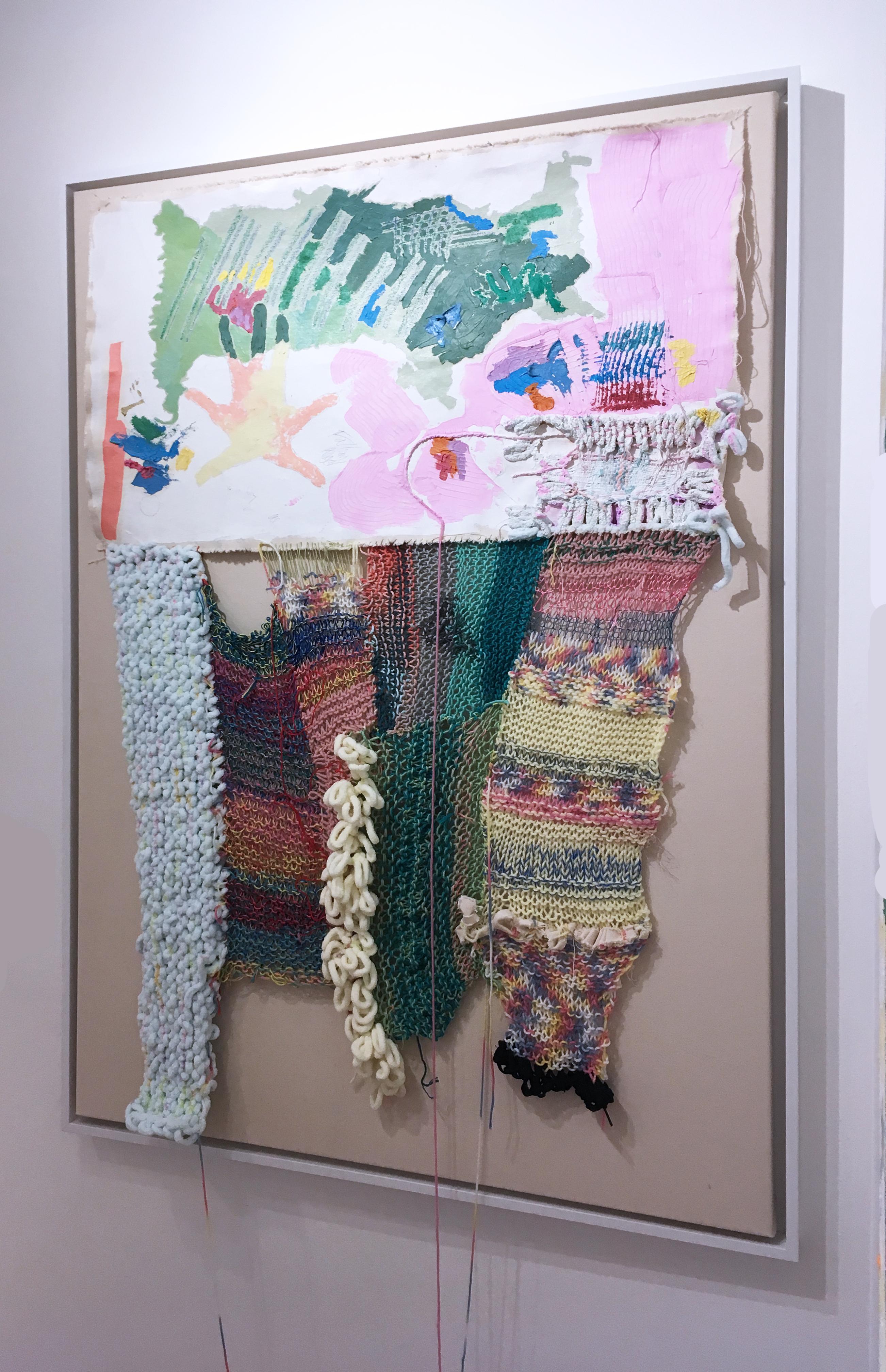 Falling Angel, 2020, acrylic, oil, canvas, yarn, thread, green, pink, abstract 6