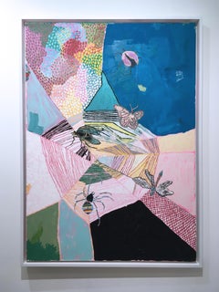 Beauty and Death, 2020, acrylic, oil, canvas, spider web, pink, blue, abstract