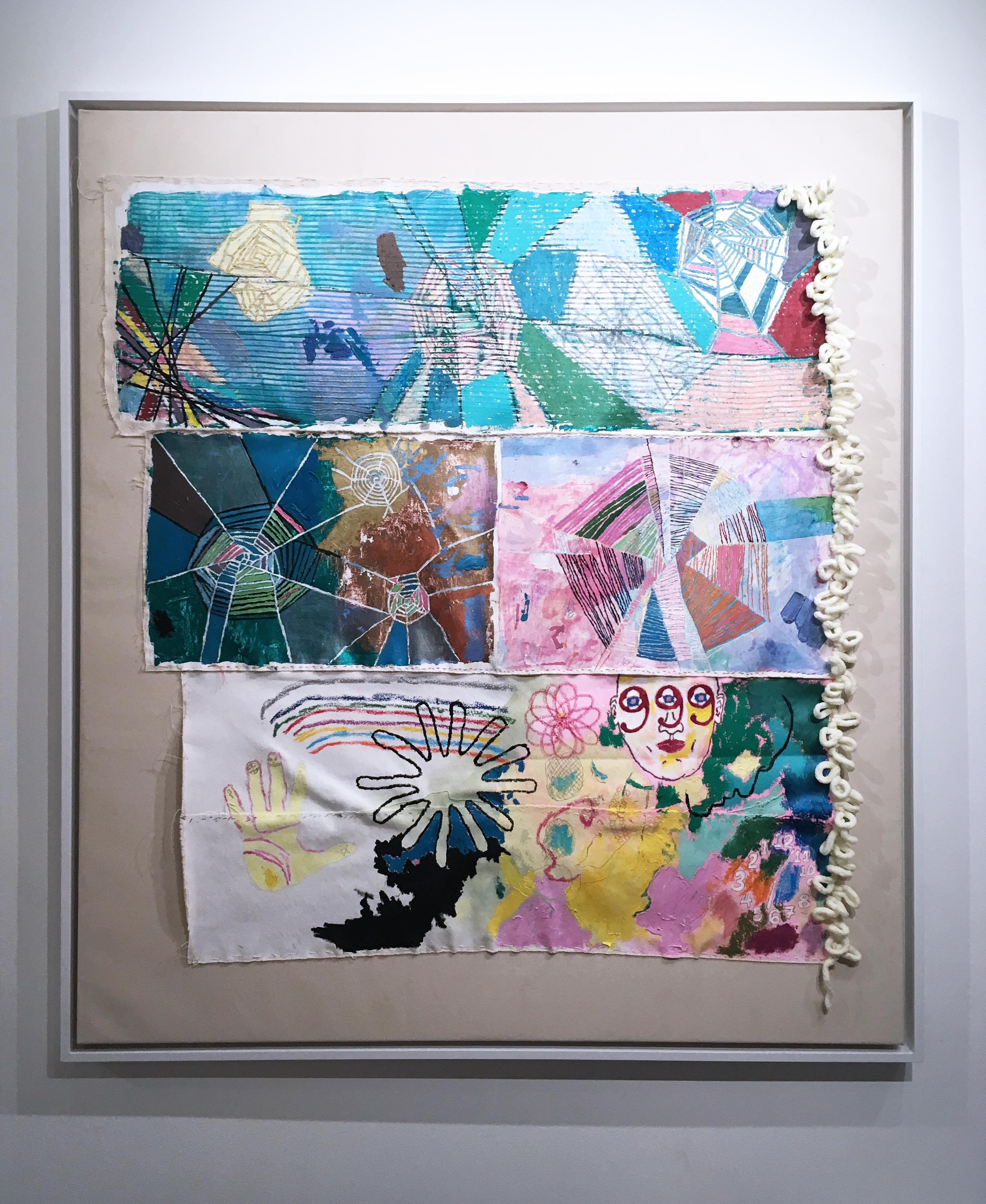 Lo Stregone, 2020, acrilico, olio, tela, filato, filo, verde, rosa, astratto - Mixed Media Art Contemporaneo di Macauley Norman