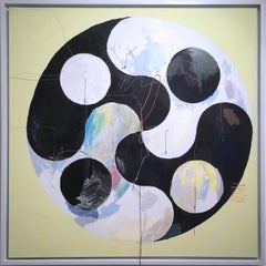 Yin Yang, 2020, acrylic, oil, canvas, yarn, thread, black, yellow, abstract