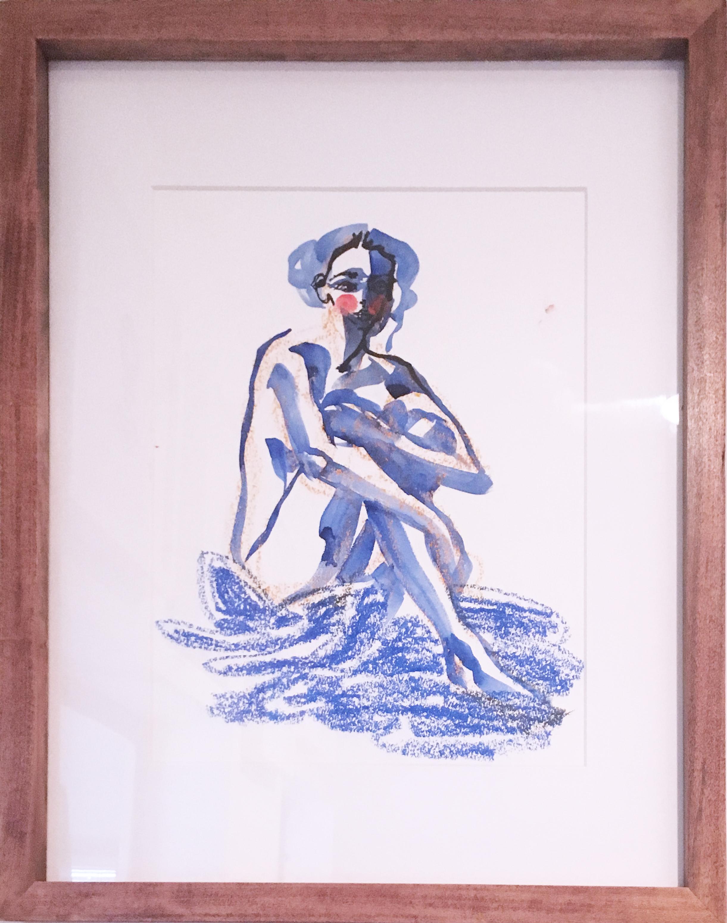 Rebecca Johnson Figurative Art - Blue Velvet, 2019, watercolor, oil pastel, blue, nude, paper, figurative, framed