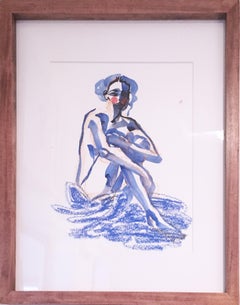 Blue Velvet, 2019, watercolor, oil pastel, blue, nude, paper, figurative, framed