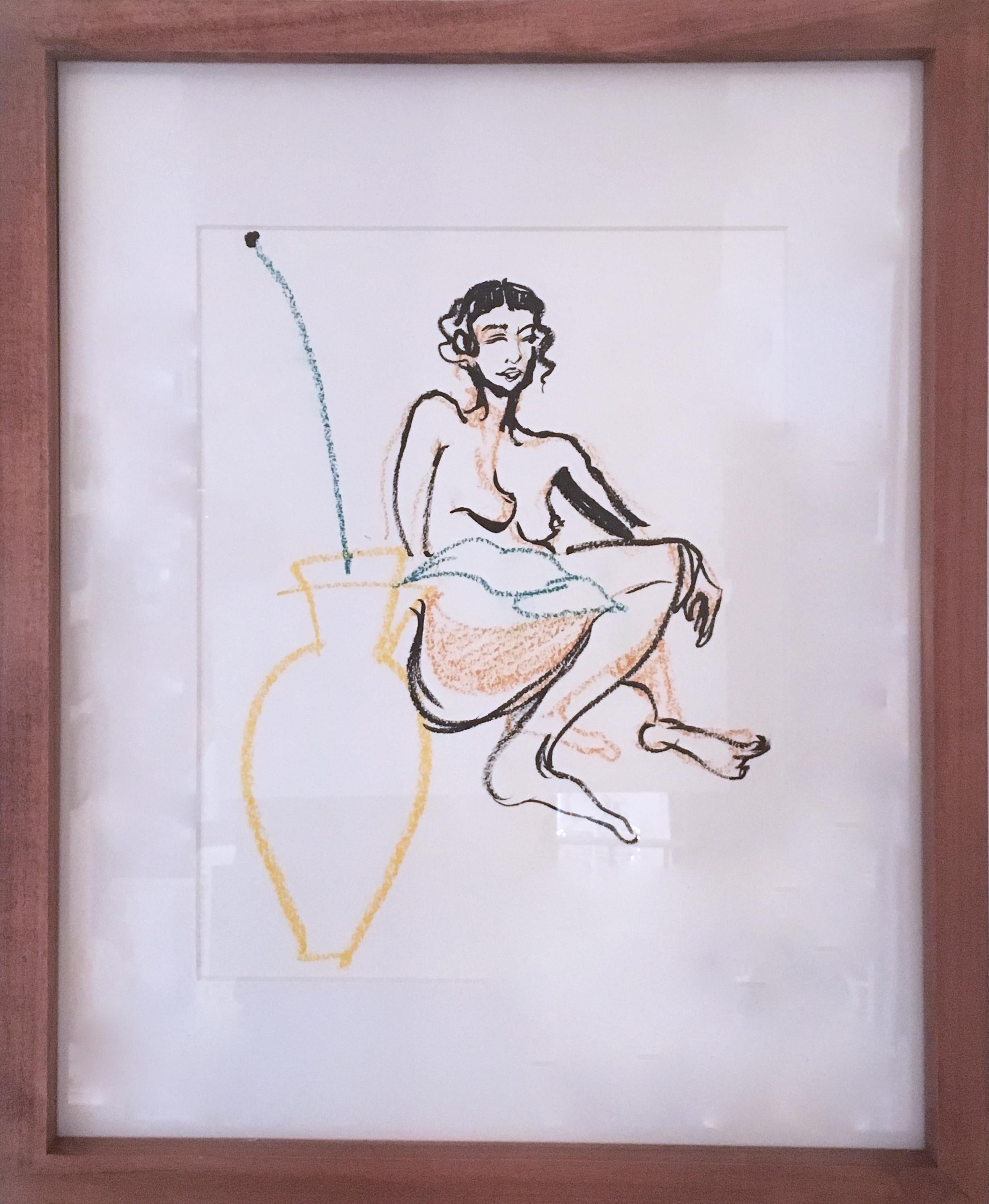 Rebecca Johnson Nude - Sun Parlour, 2019, watercolor, oil pastel, vase, nude, paper, figurative, framed