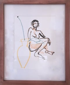 Sun Parlour, 2019, watercolor, oil pastel, vase, nude, paper, figurative, framed