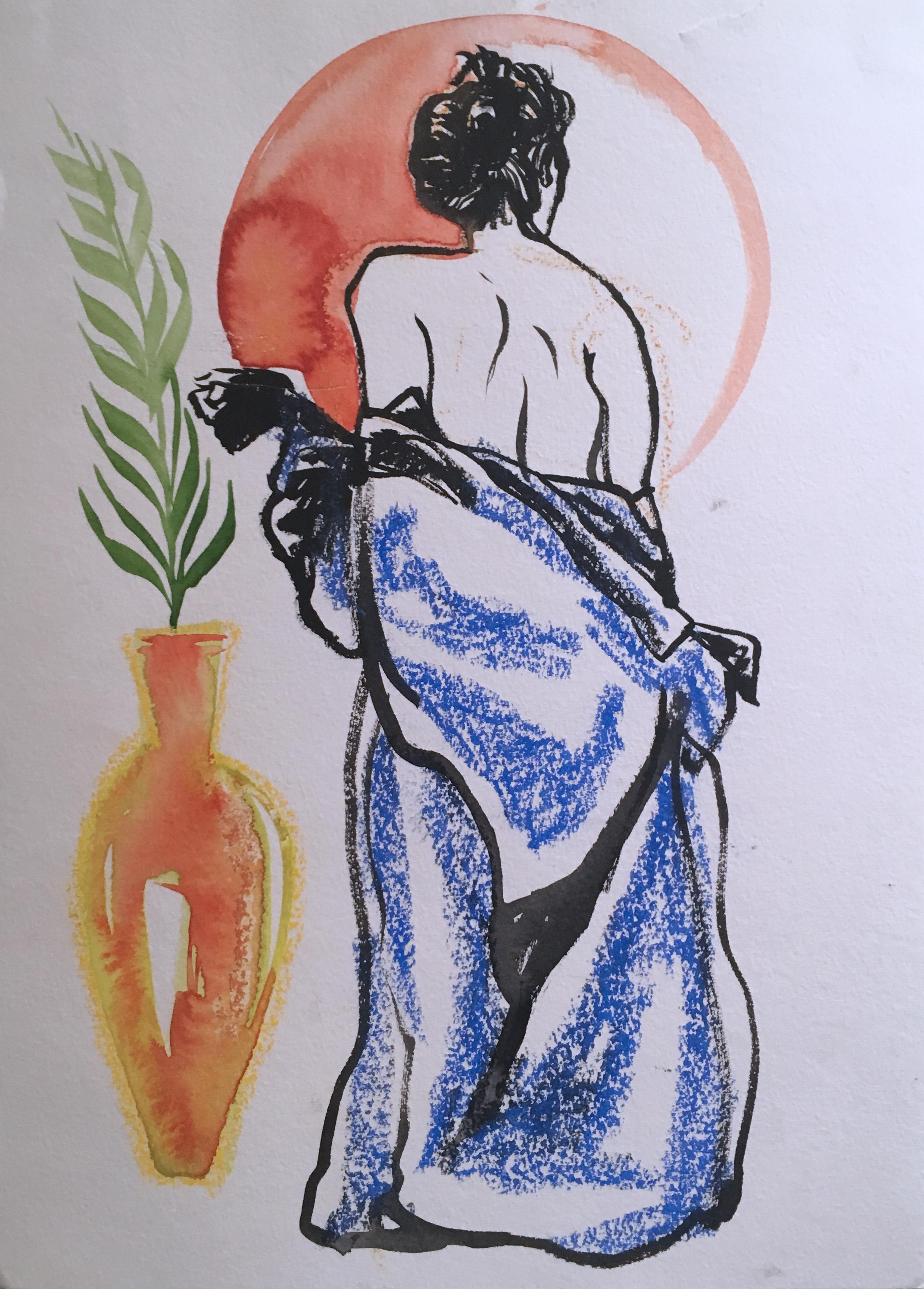 Blood Red Sentimental Mood, 2019, ink, oil pastel, nude, figurative, framed - Art by Rebecca Johnson