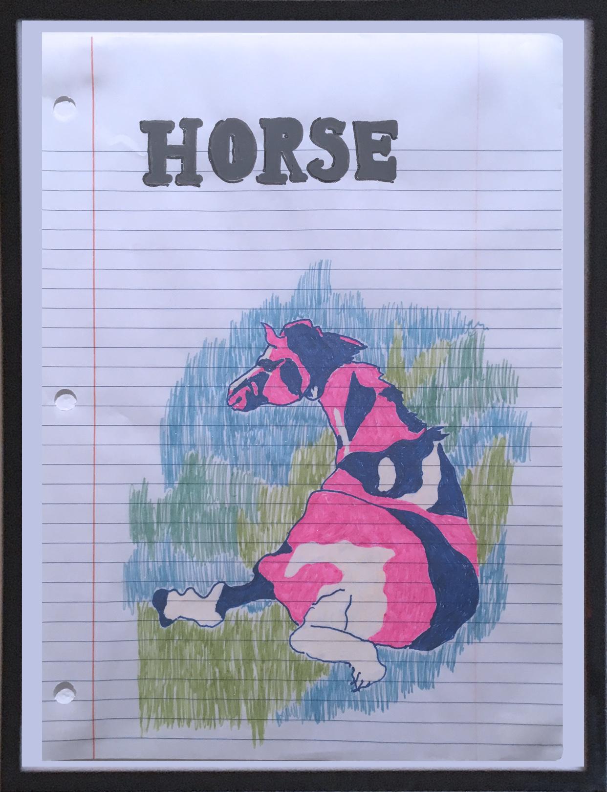 Horse, 2020, crayon à gel sur papier, figuratif, dessin, encadré, rose, bleu, blanc