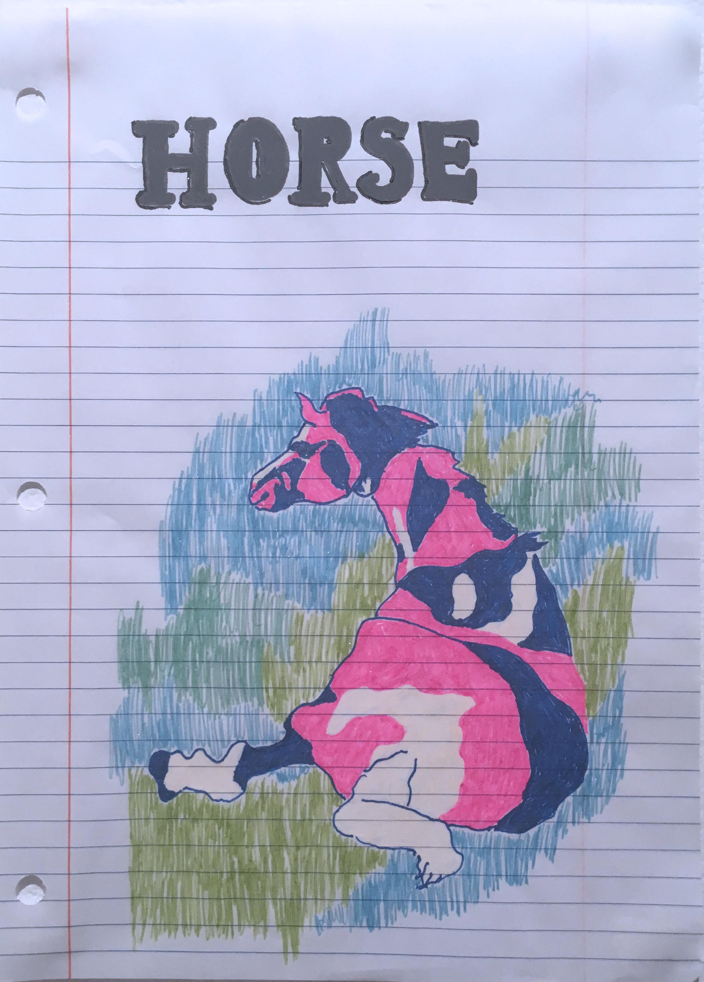 Horse, 2020, gel pen on paper, figurative, drawing, framed, pink, blue, white - Art by Macauley Norman