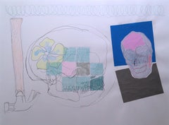 46 and 2, 2020, gel pen, graphite, paper, collage, skull, drawing, framed, web