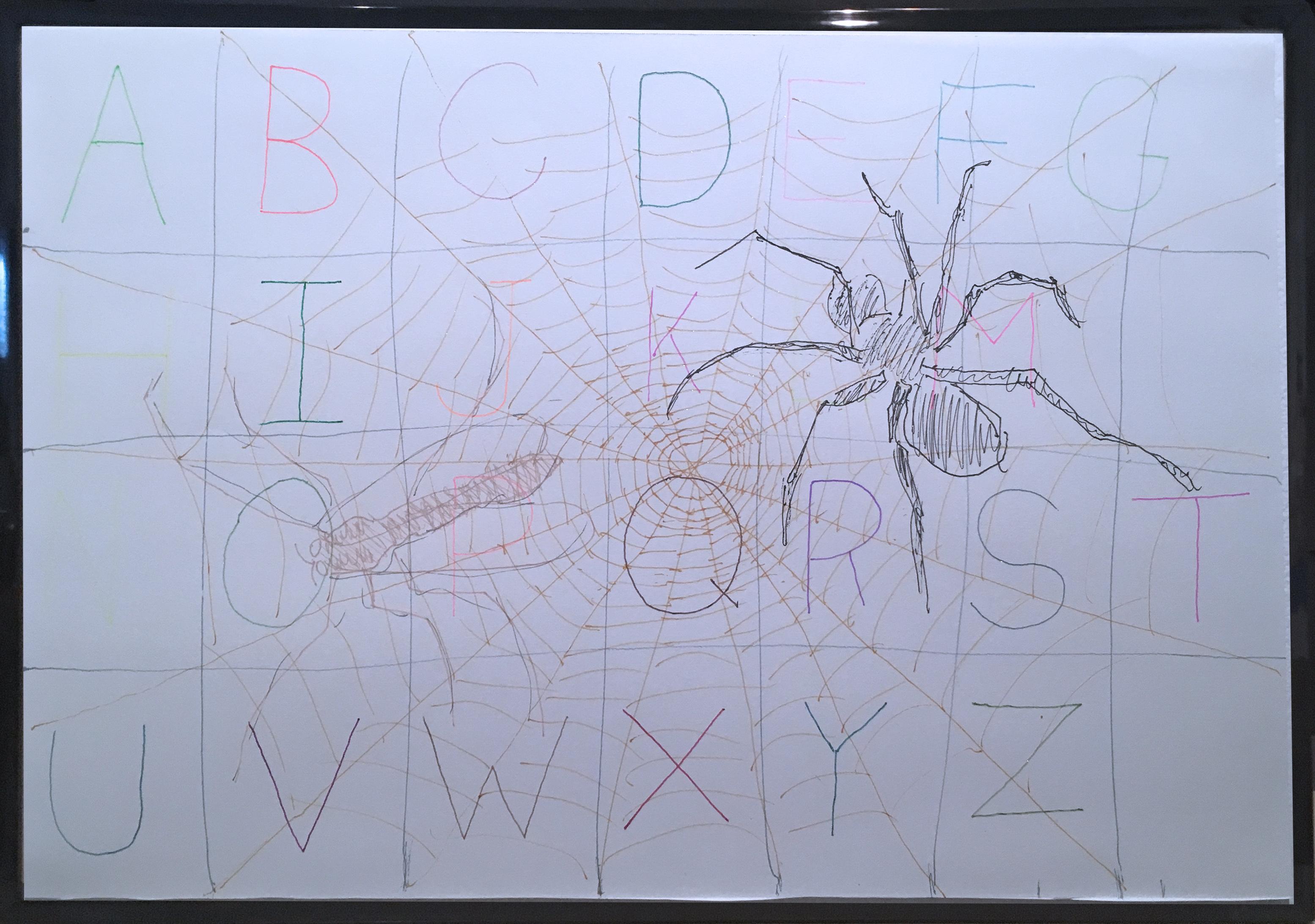 Macauley Norman Animal Art - Alphabet Web, 2020, gel pen on paper, figurative, drawing, text, framed, web