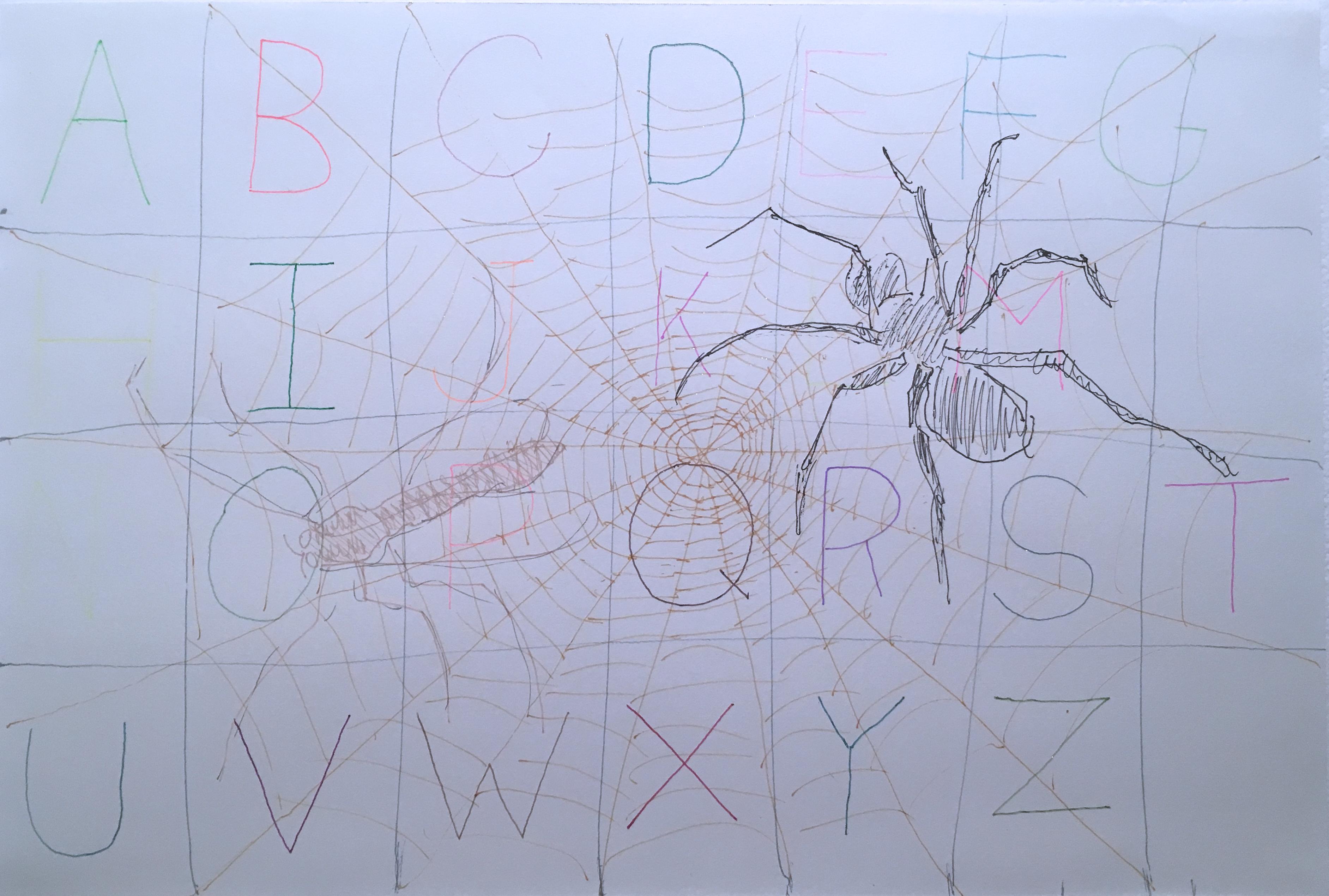 Alphabet Web, 2020, gel pen on paper, figurative, drawing, text, framed, web - Art by Macauley Norman
