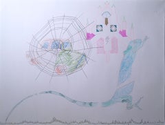 Attack From Above Study 1, 2020, Gelbstift, Papier, figürlich, Zeichnung, rosa