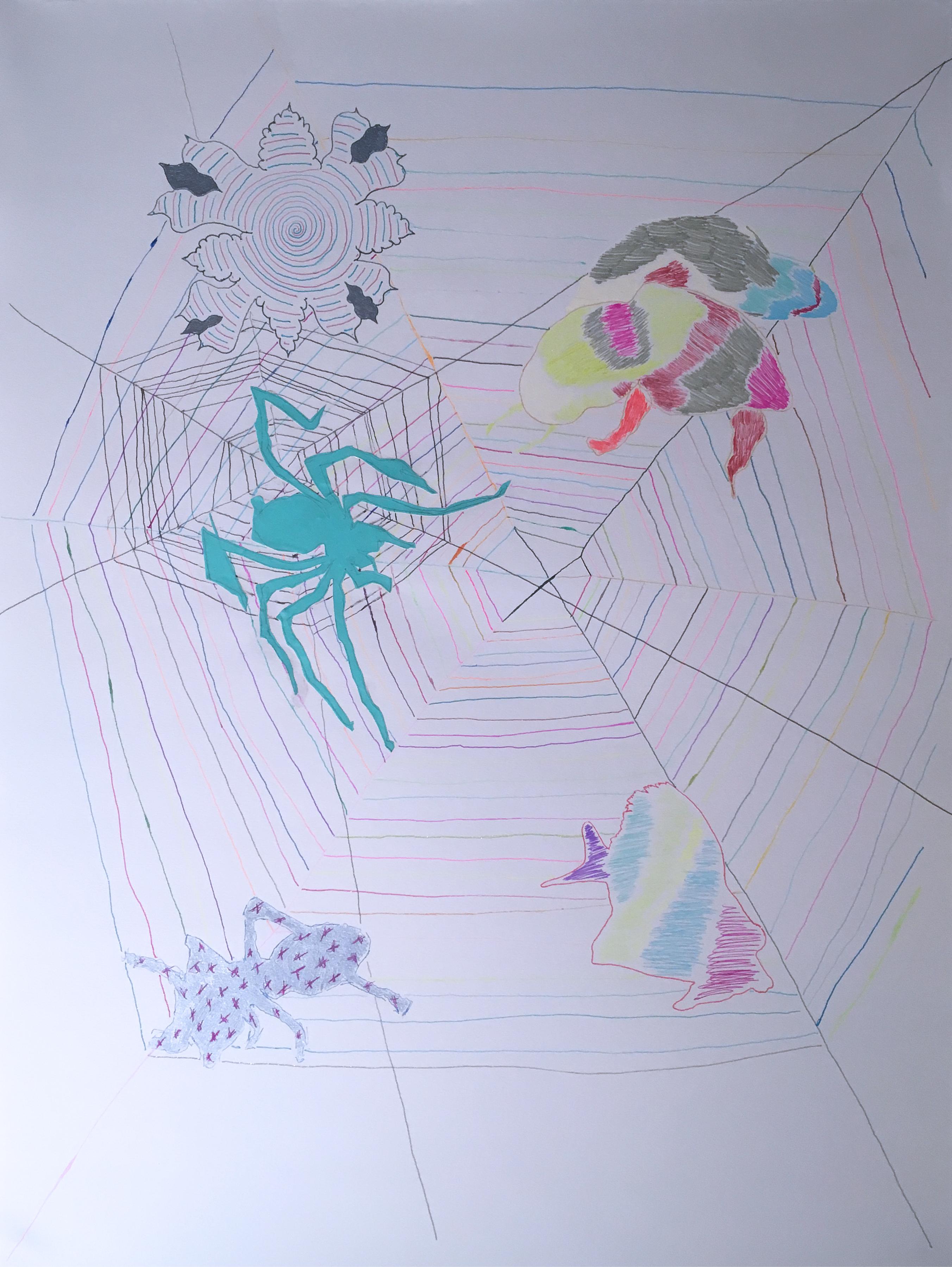 Macauley Norman Figurative Art - Fish Net, 2020, gel pen, paper, figurative, drawing, pink, spider, web, ant