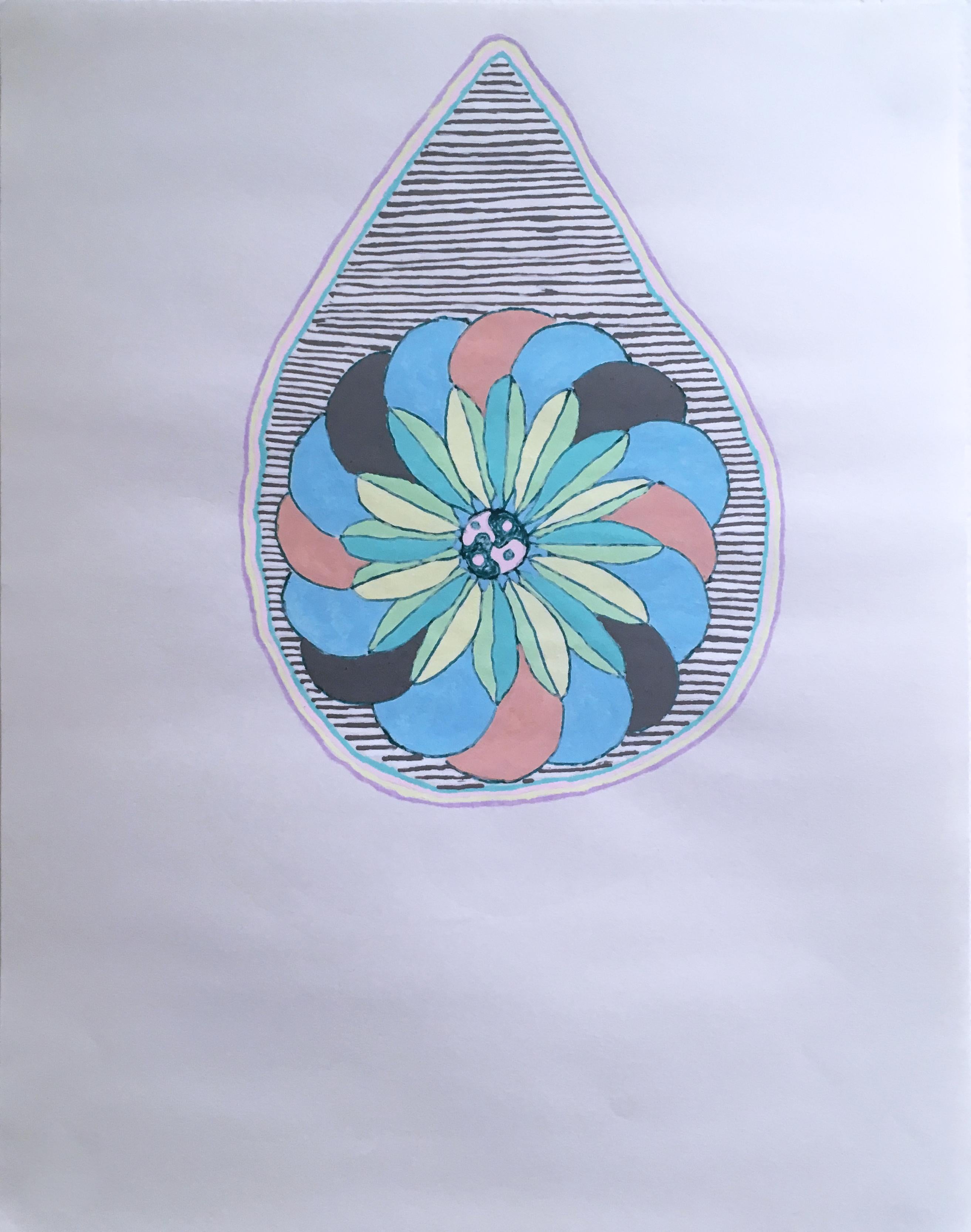 Teardrop Floral, 2020, gel pen, green, abstract, drawing, pink, pattern, blue - Art by Macauley Norman
