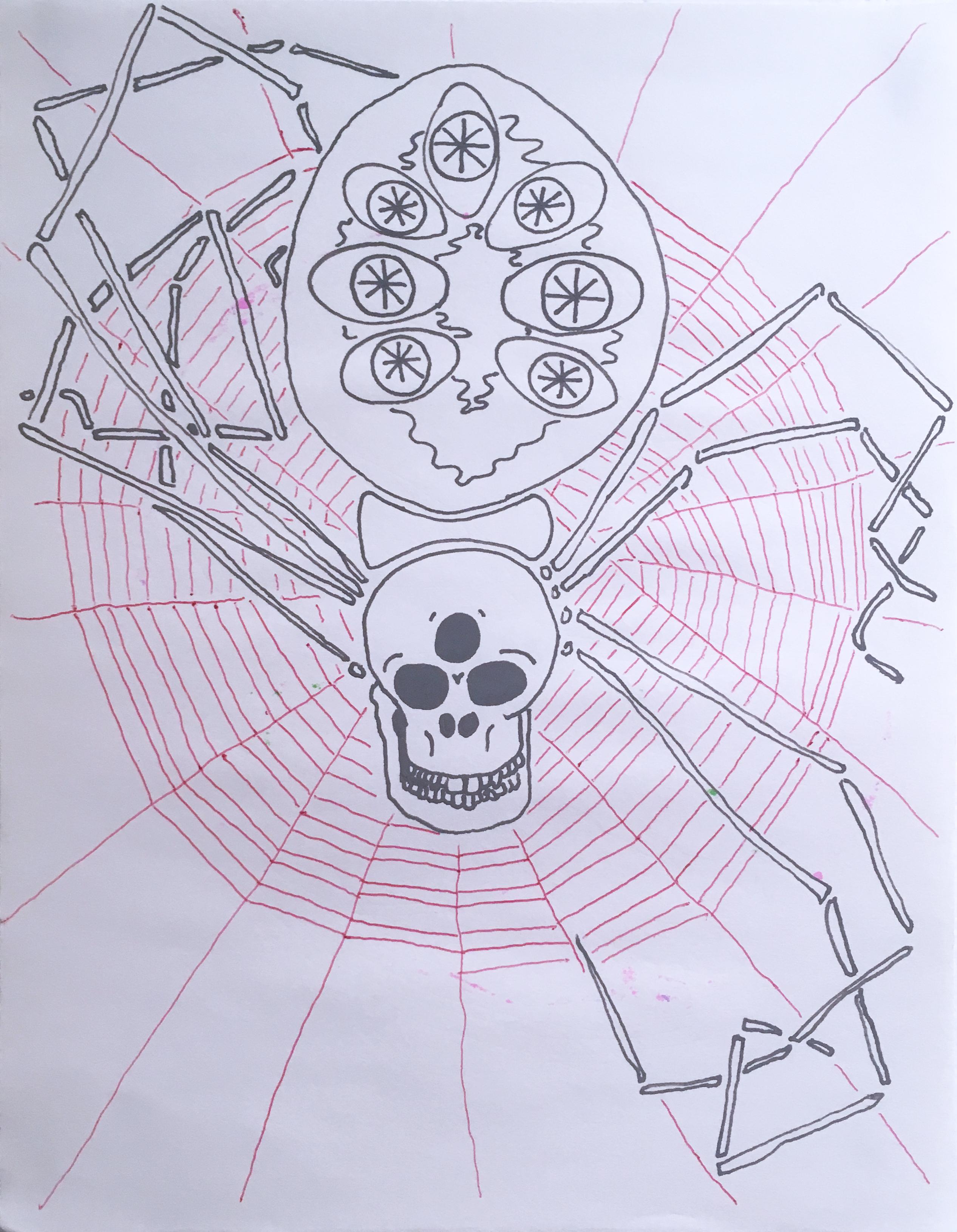 Red Web, 2020, gel pen, red, spider, drawing, black, skull, web, white - Art by Macauley Norman