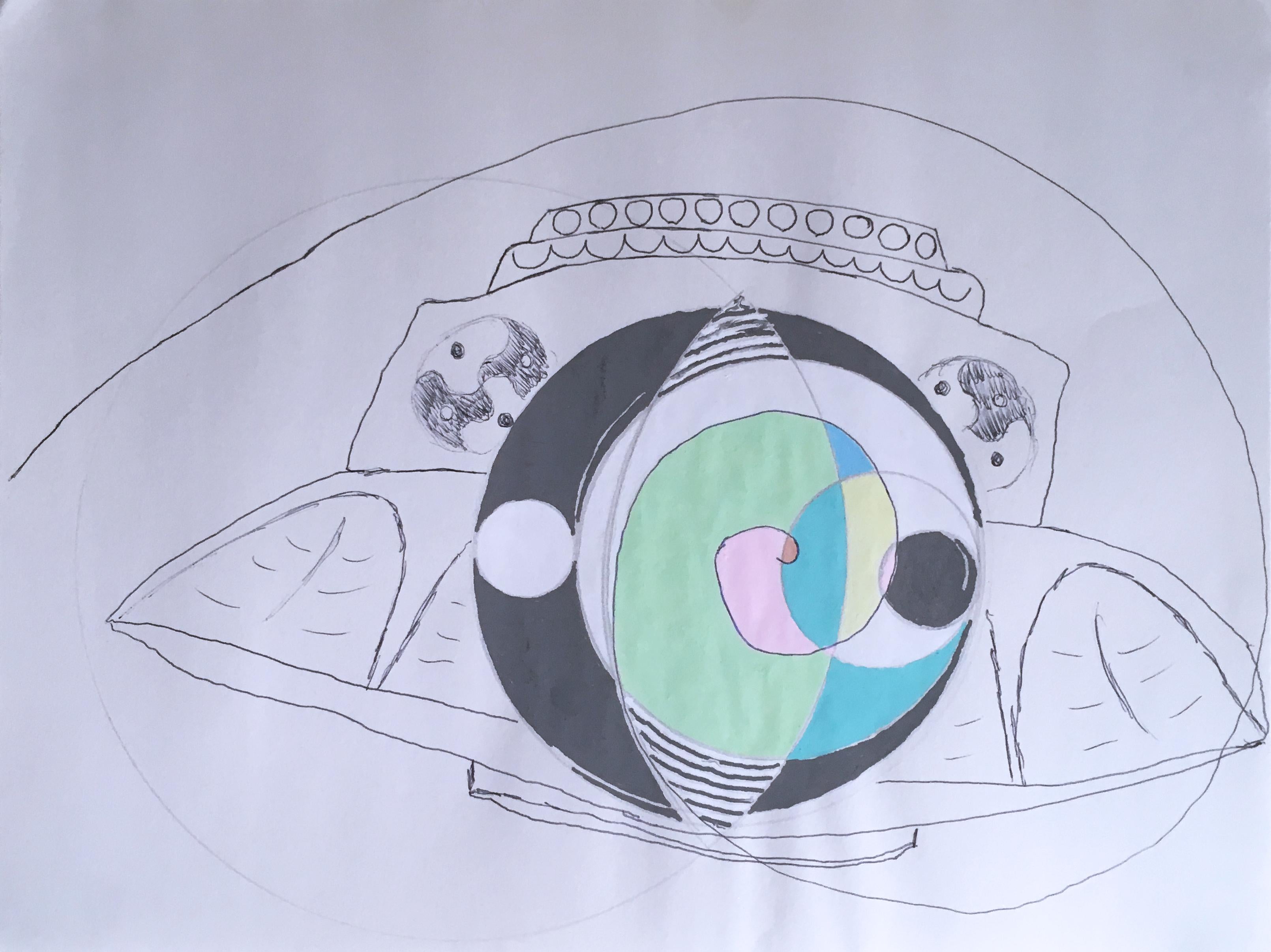 Macauley Norman Abstract Drawing – Ode an Bob Lazar, 2020, gelber Stift, grün, Zeichnung, rosa, ufo, Science fiction, Auge