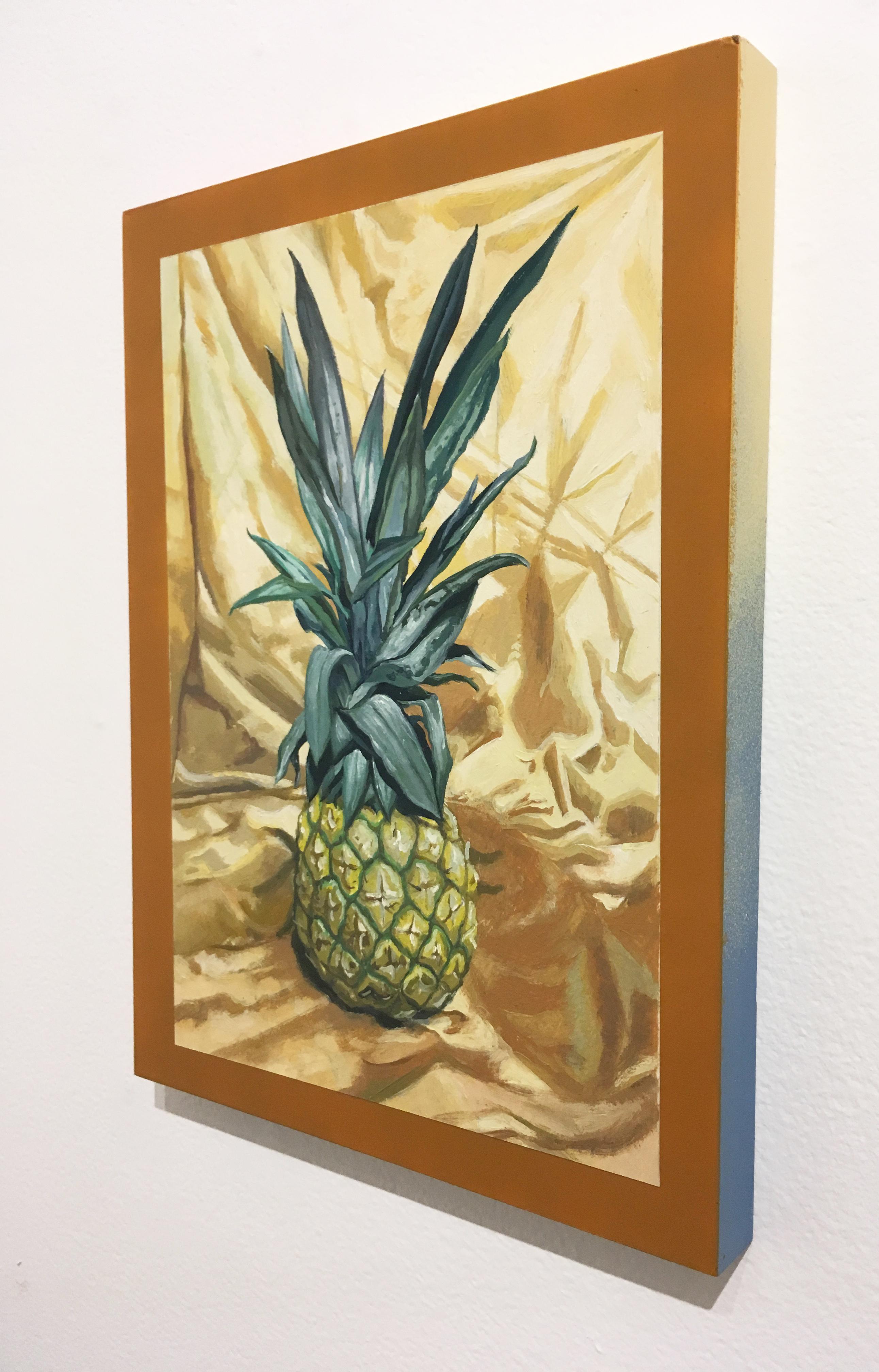 Colonial Luxury (2019) LNY pineapple fruit still life oil painting paper on wood - Painting by Layqa Nuna Yawar