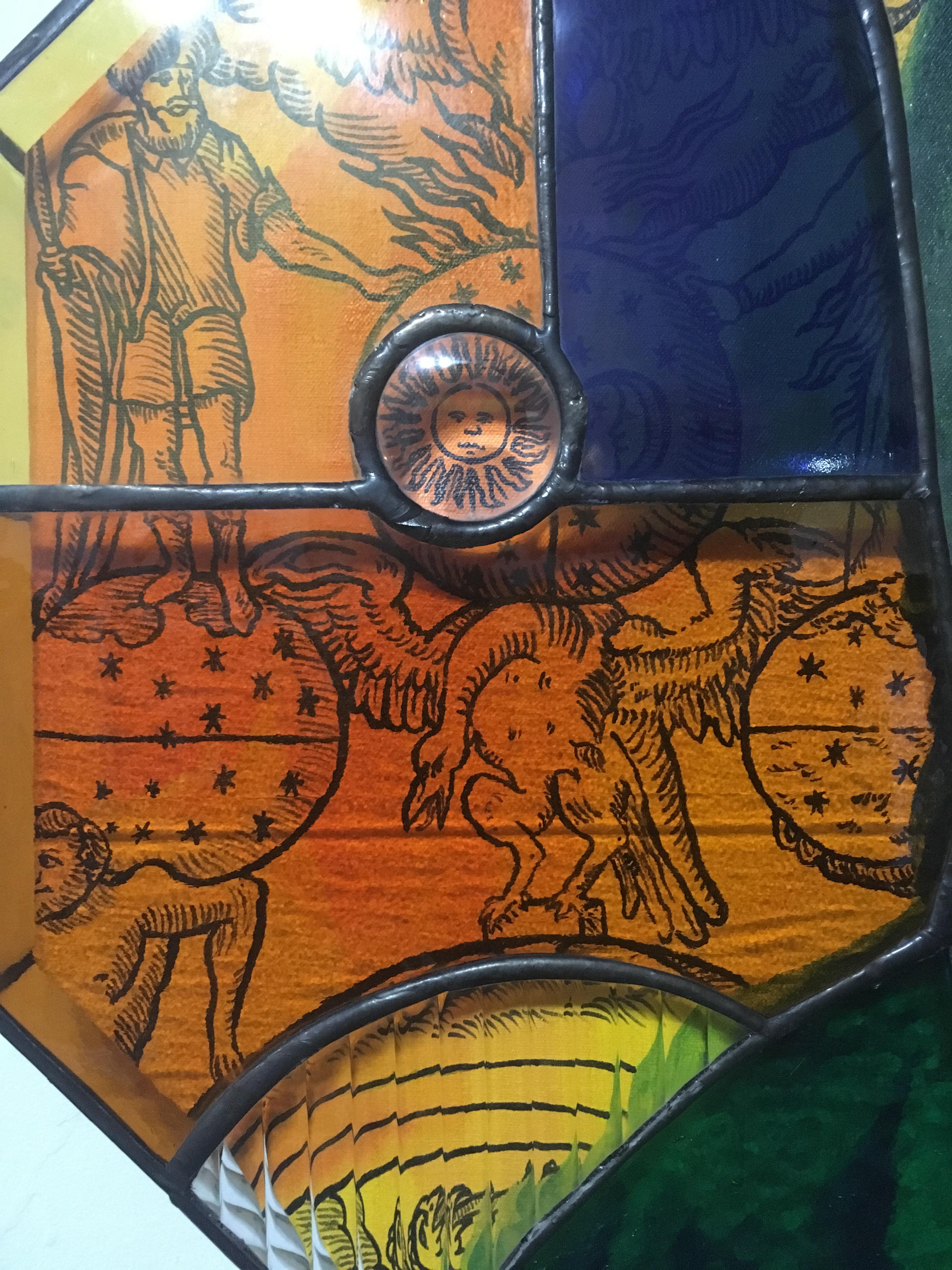 Earth People, 2020, Glasmalerei, Acryl, Leinwand, achteckige Statue, orange (Beige), Figurative Painting, von TF Dutchman