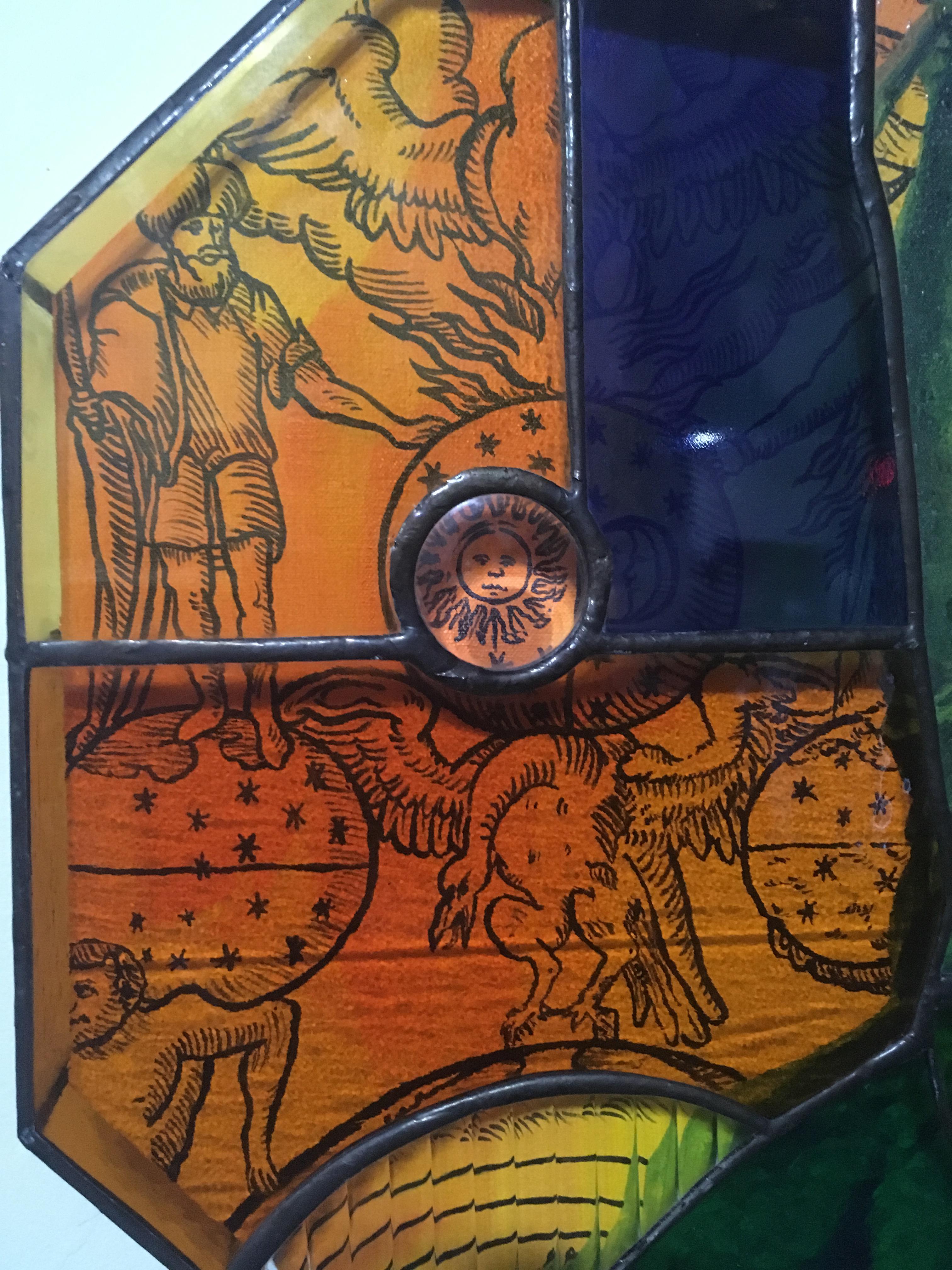 Earth People, 2020, stained glass, acrylic, canvas, octagon, statue, orange For Sale 1