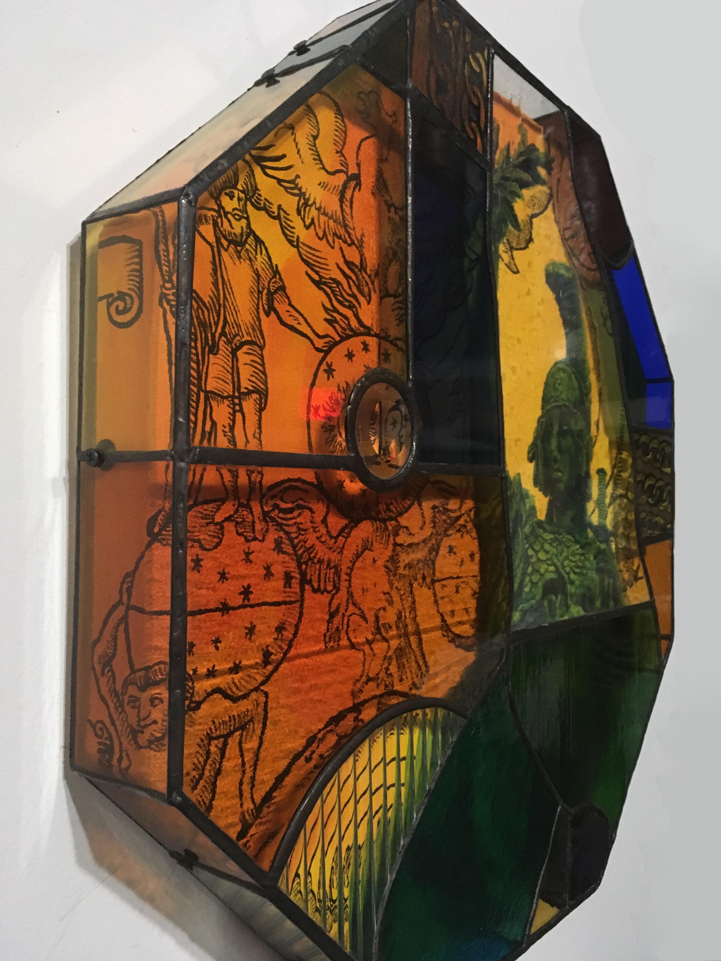 Earth People, 2020, stained glass, acrylic, canvas, octagon, statue, orange For Sale 4