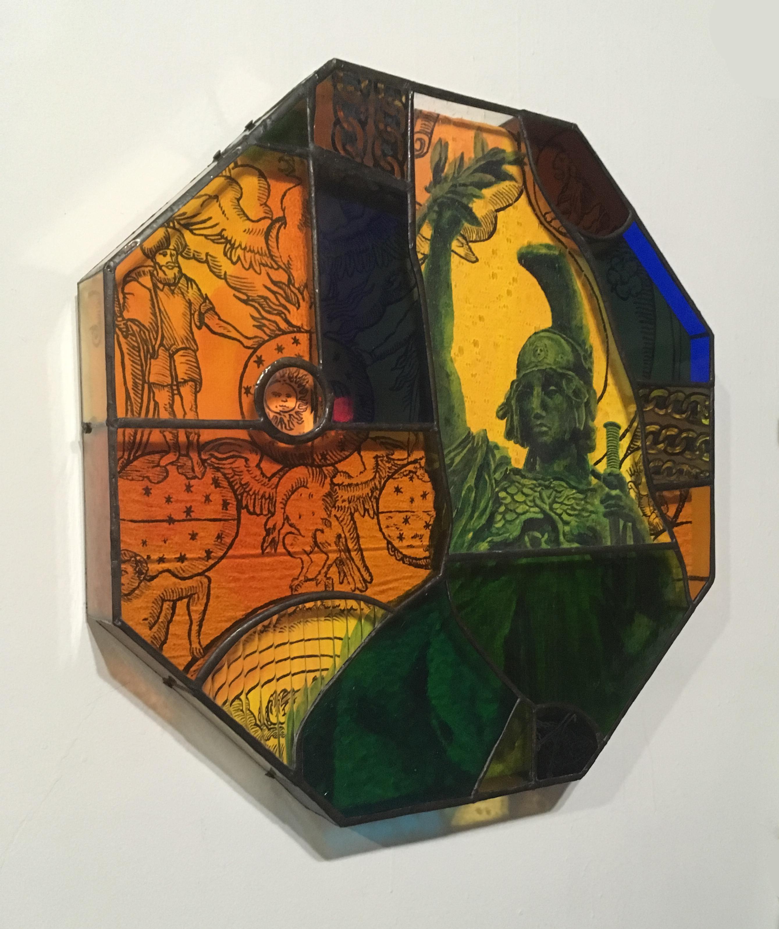 Earth People, 2020, stained glass, acrylic, canvas, octagon, statue, orange - Painting by TF Dutchman